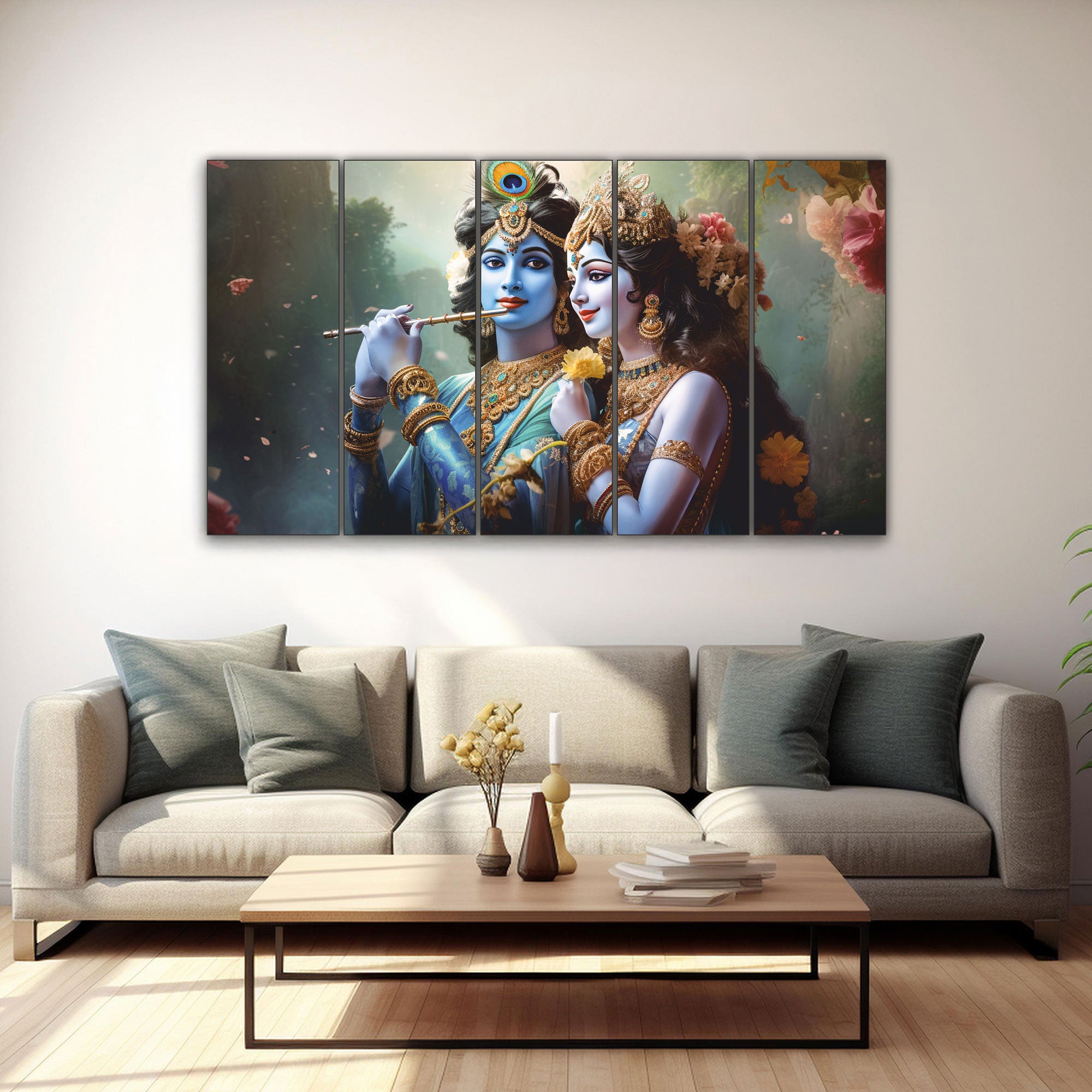 Radha krishna flute.Set of 5 Big Size Multiple Frames Wall Art Painting for living room,Bedroom,Drawing room,Hotels-Wooden Framed-Digital PaintingWooden Framed-Digital Painting