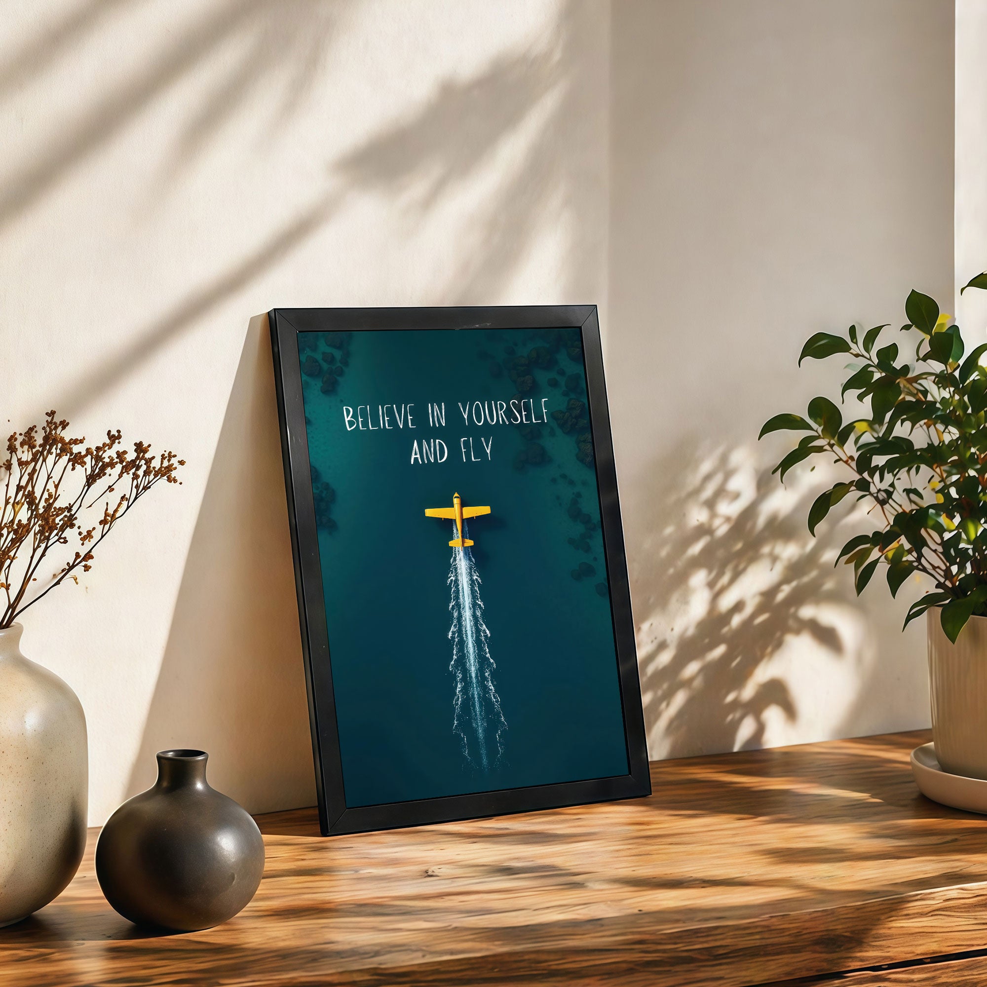 The Castle Decor Believe in Yourself Wall Art Frame | Motivational Quote Poster with Airplane Design for Office, Bedroom & Study Room Decor