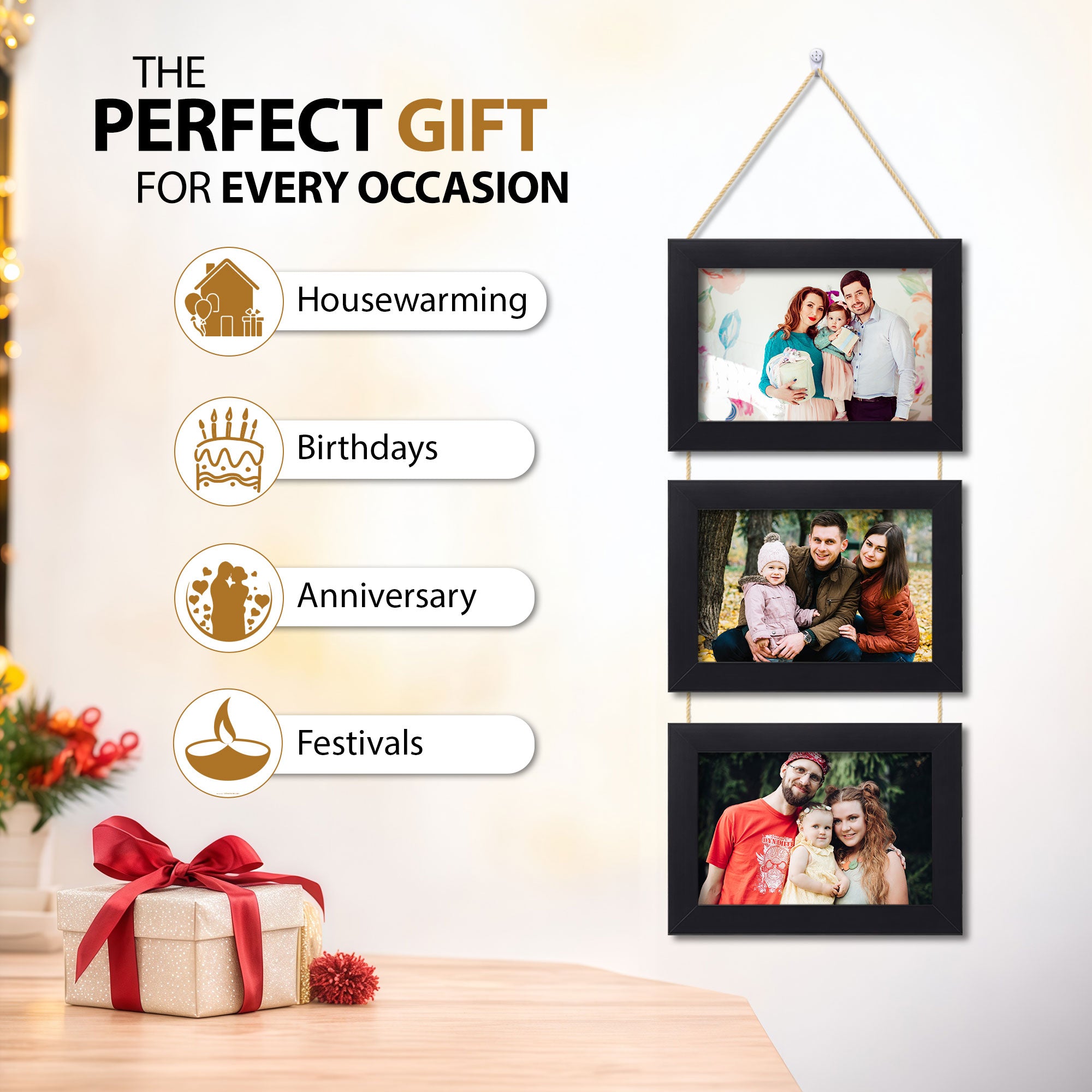 Personalised 3 Photo Hanging Frame with Jute Rope – 6×8 Inch Each