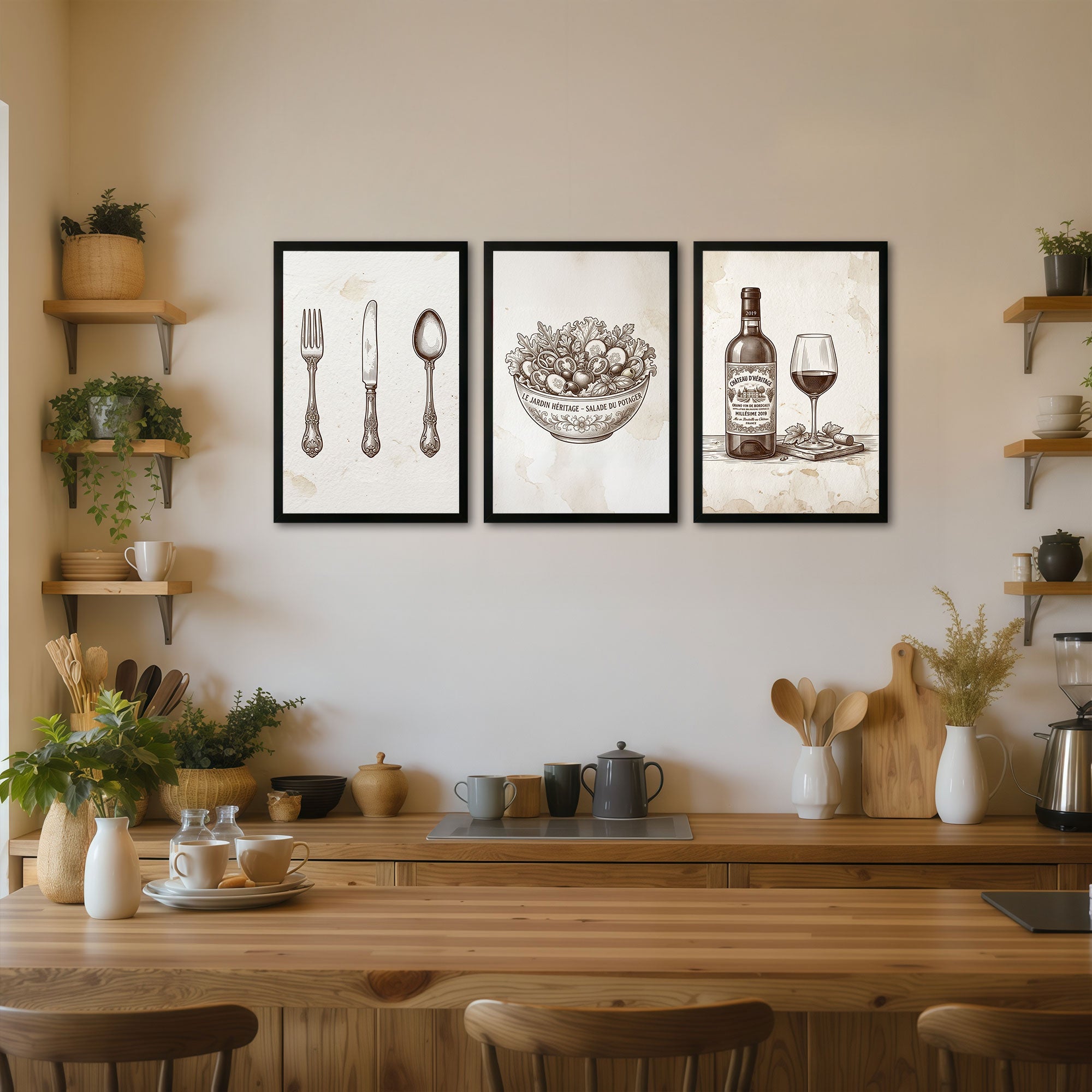 The Castle Decor Vintage Kitchen Wall Art Set of 3 Frame | Sparkle Lamination MDF Painting with Premium Fiber Frame for Dining & Kitchen Decor