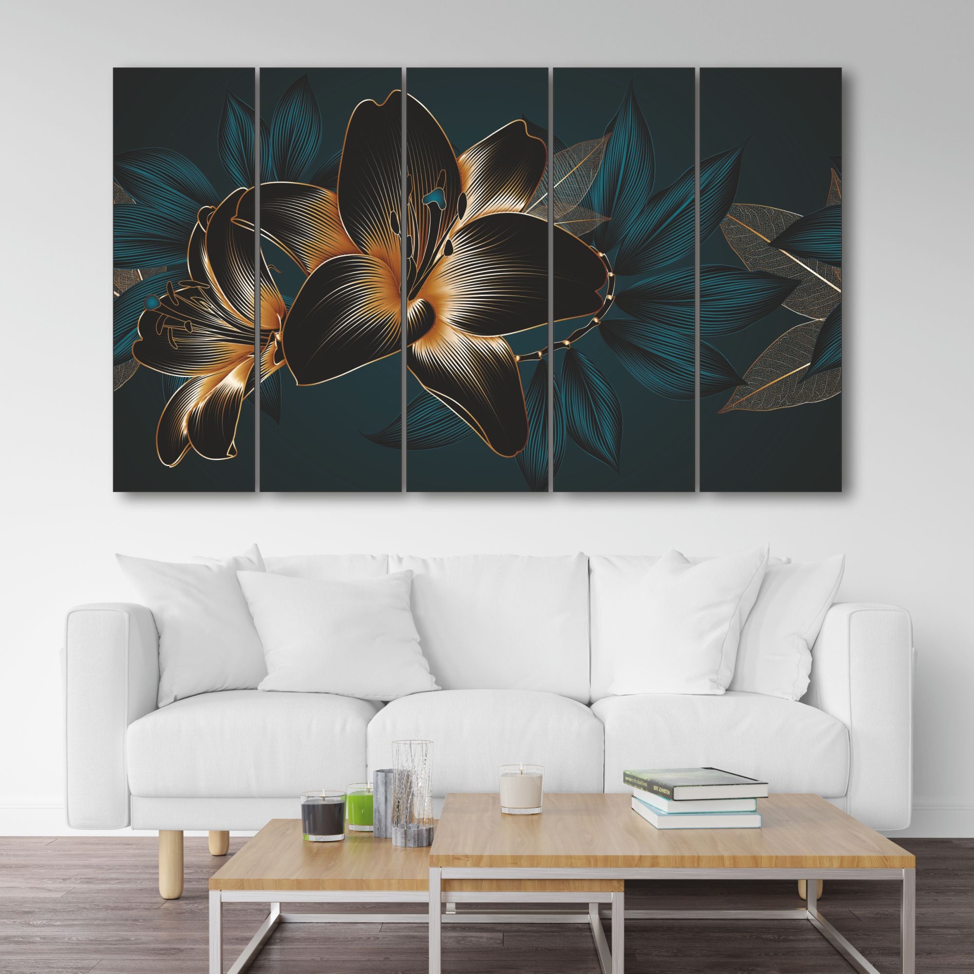 Black leaf flower Set of 5 Big Size Multiple Frames Wall Art Painting for living room,Bedroom,Drawing room,Hotels-Wooden Framed-Digital Painting