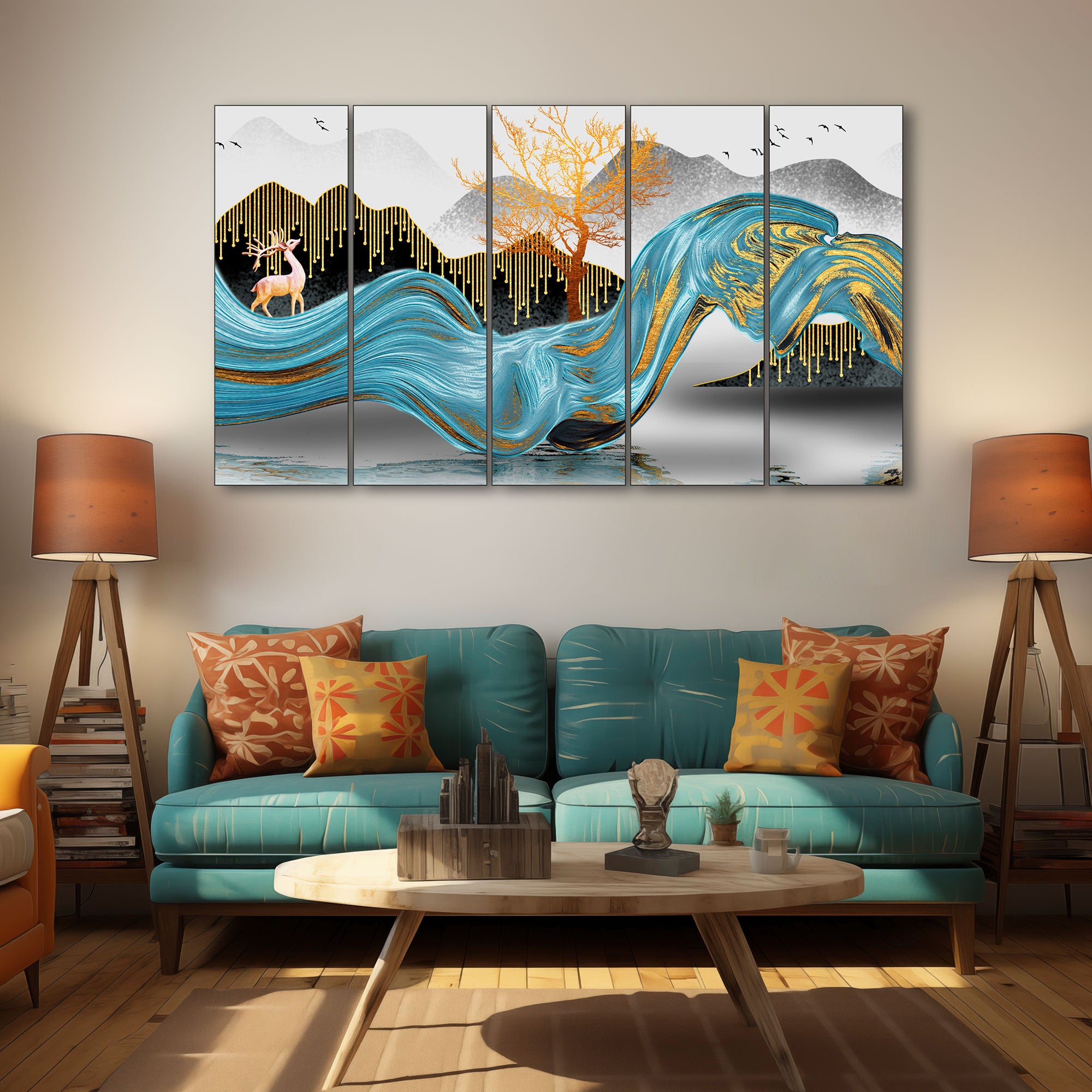 Golden Deer Painting with frame Big Size Wall Art for living room,Bedroom,Drawing room,Hotels