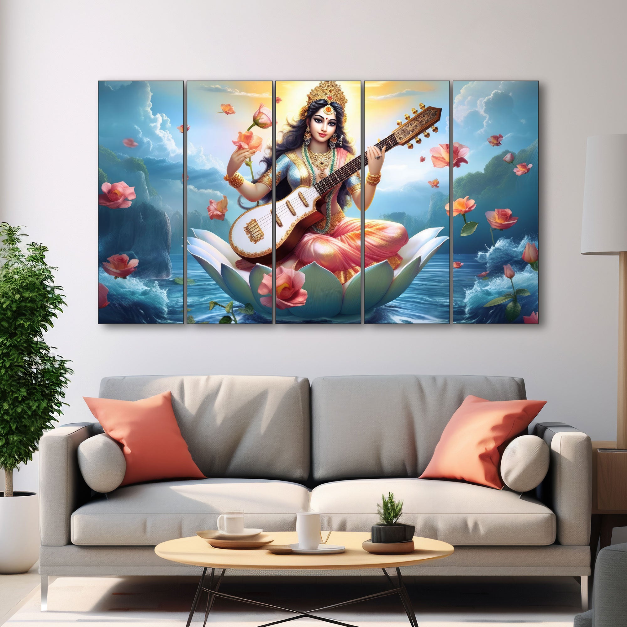 Goddess Saraswati ji Painting with frame Big Size Wall Art for living room,Bedroom,Drawing room,Hotels