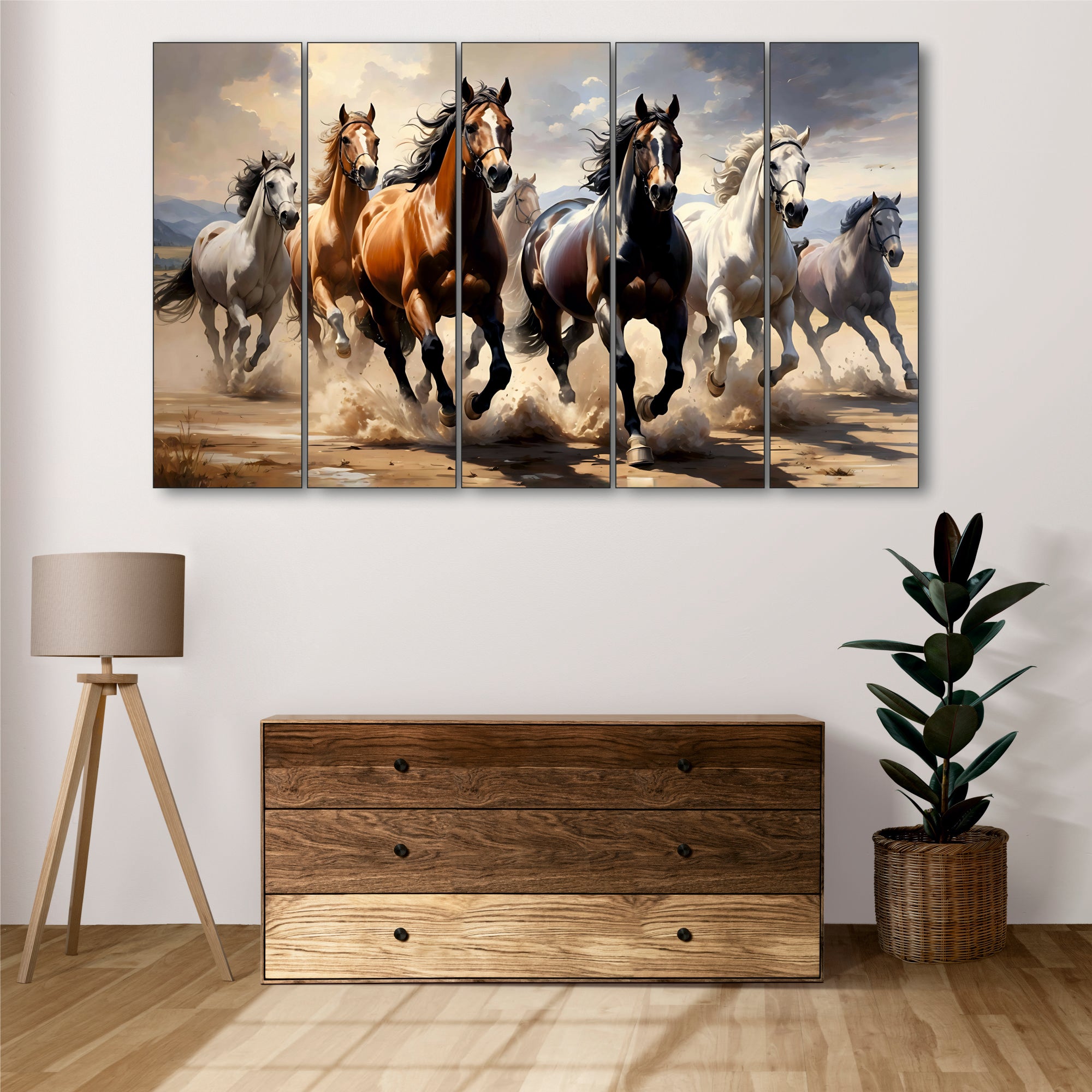 7 running horses Set of 5 Big Size Multiple Frames Wall Art Painting for living room,Bedroom,Drawing room,Hotels-Wooden Framed-Digital Painting