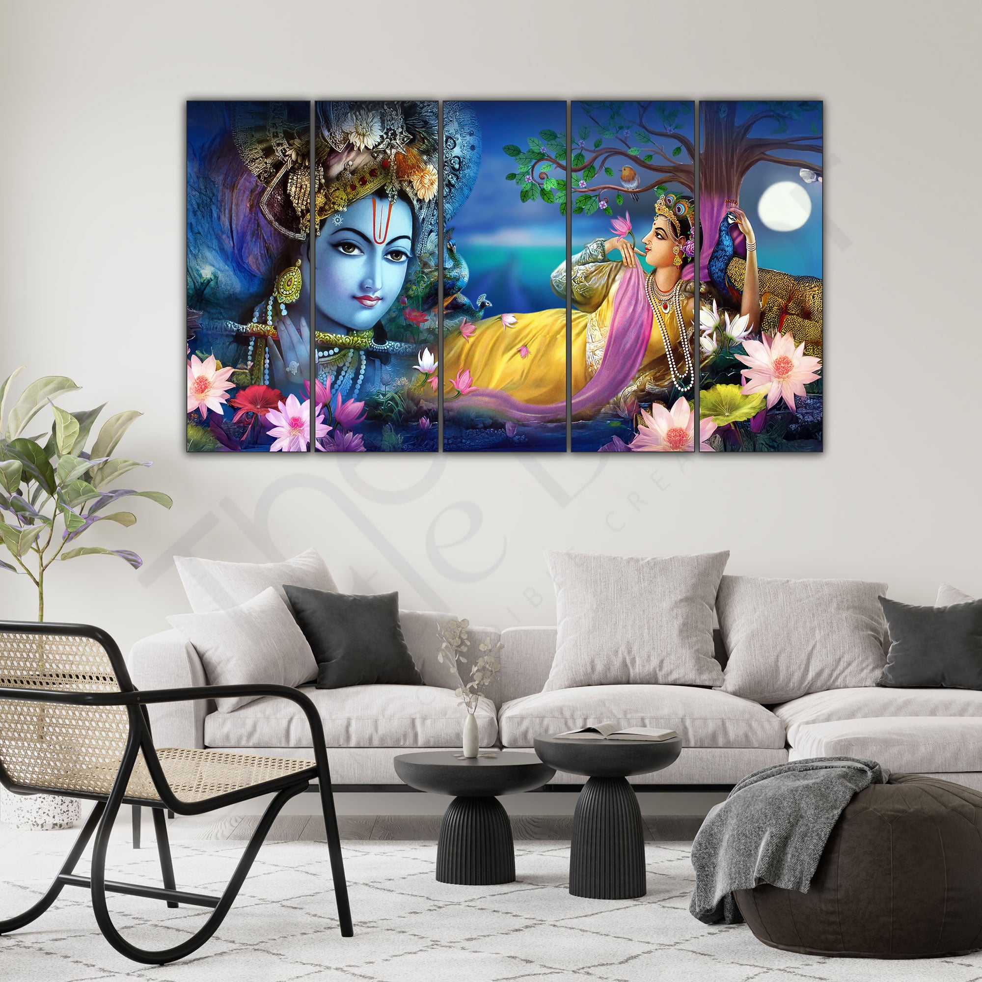 Lord Radha krishn Set of 5 Big Size Multiple Frames Wall Art Painting for living room,Bedroom,Drawing room,Hotels-Wooden Framed-Digital Painting 27x48"