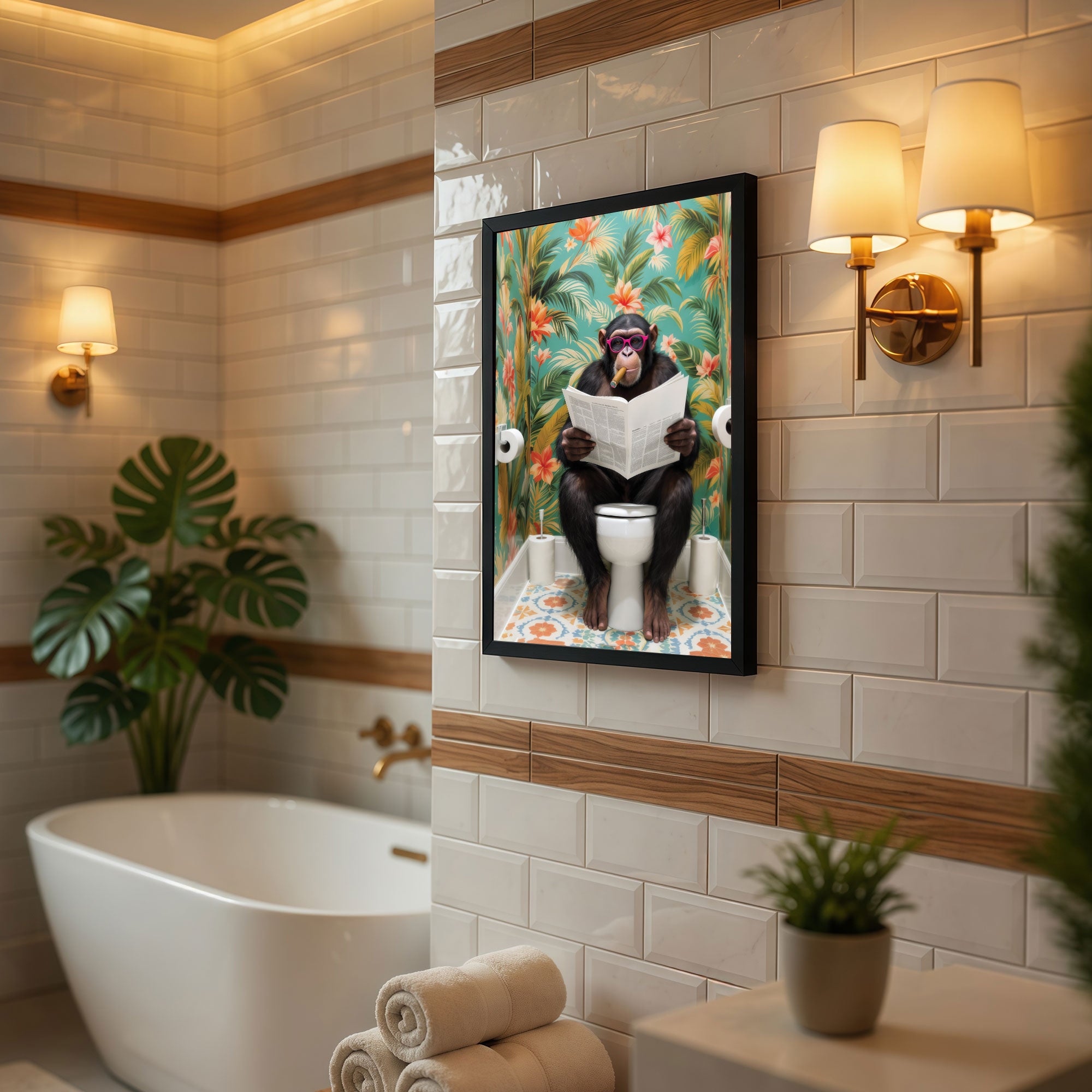 The Castle Decor Funny Chimpanzee Reading Newspaper on Toilet Framed Wall Art – Cool Monkey with Sunglasses Smoking Cigar in Bathroom Framed Poster, Tropical Jungle Restroom Decor