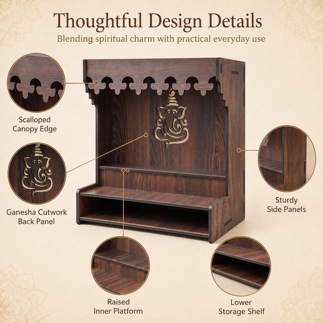 The Castle Decor Wooden Mandir for Home, Wall Hanging & Tabletop Pooja Temple with Ganesha Cutwork, 2-Tier Storage Shelf, Mandir for Pooja Room, Office, Hostel & Apartment, 13 x 15 x 8 Inch