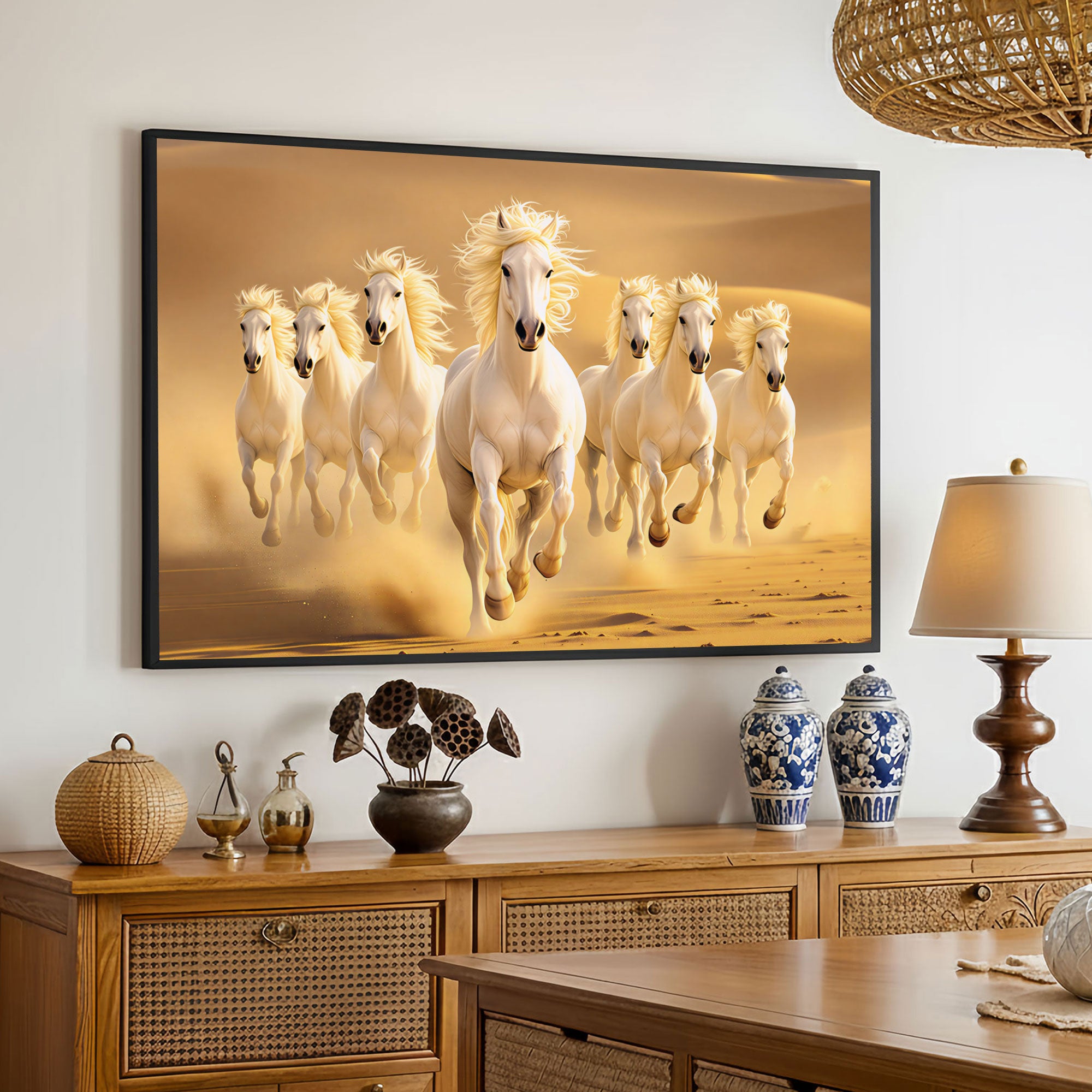 The Castle Decor 7 Running White Horses Wall Painting, Sunrise Sunset Theme, Vastu Wall Art for Living Room, Office, Bedroom Decor 20X30  inch -1004