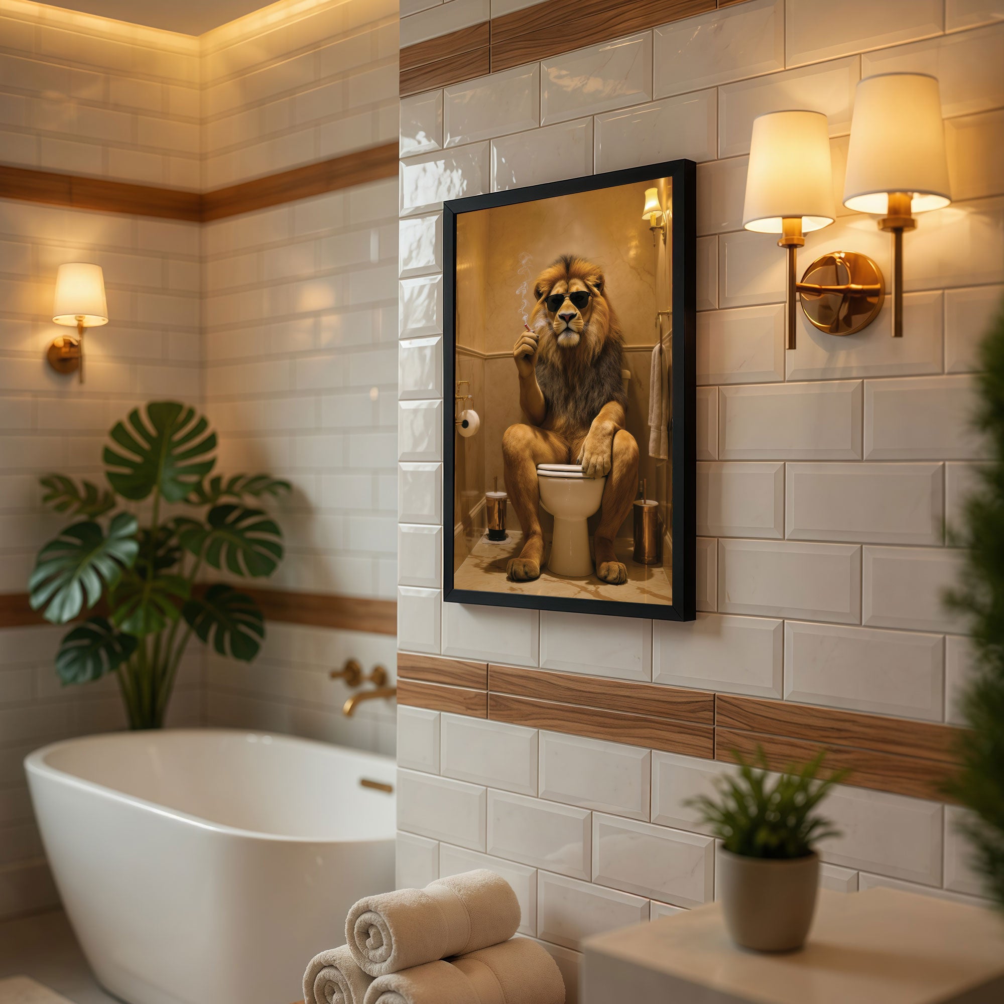 The Castle Decor Funny Lion with Sunglasses on Toilet Framed Wall Art – Cool King of the Jungle Smoking in Bathroom Framed Poster, Humorous Animal Restroom Decor, Quirky Man Cave