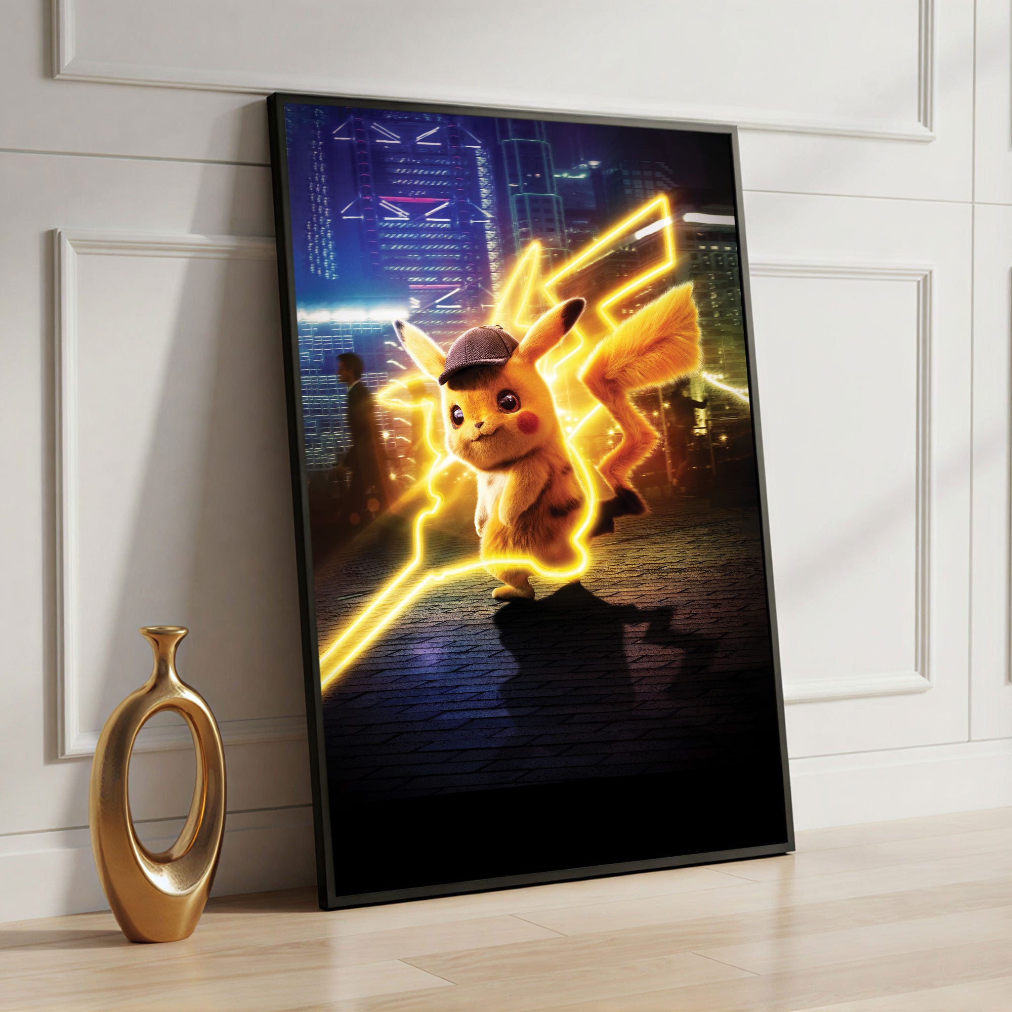 The Castle Decor Detective Pikachu Neon Wall Art, Anime Electric Pop Artwork with Premium Sparkle Finish, 20×30 Inch Wall Décor for Gaming Room & Kids Bedroom