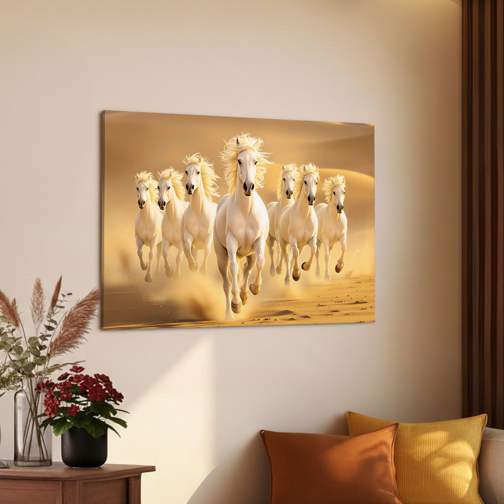 The Castle Decor 7 Running White Horses Wall Painting, Sunrise Sunset Theme, Vastu Wall Art for Living Room, Office, Bedroom Decor 16x24 1004