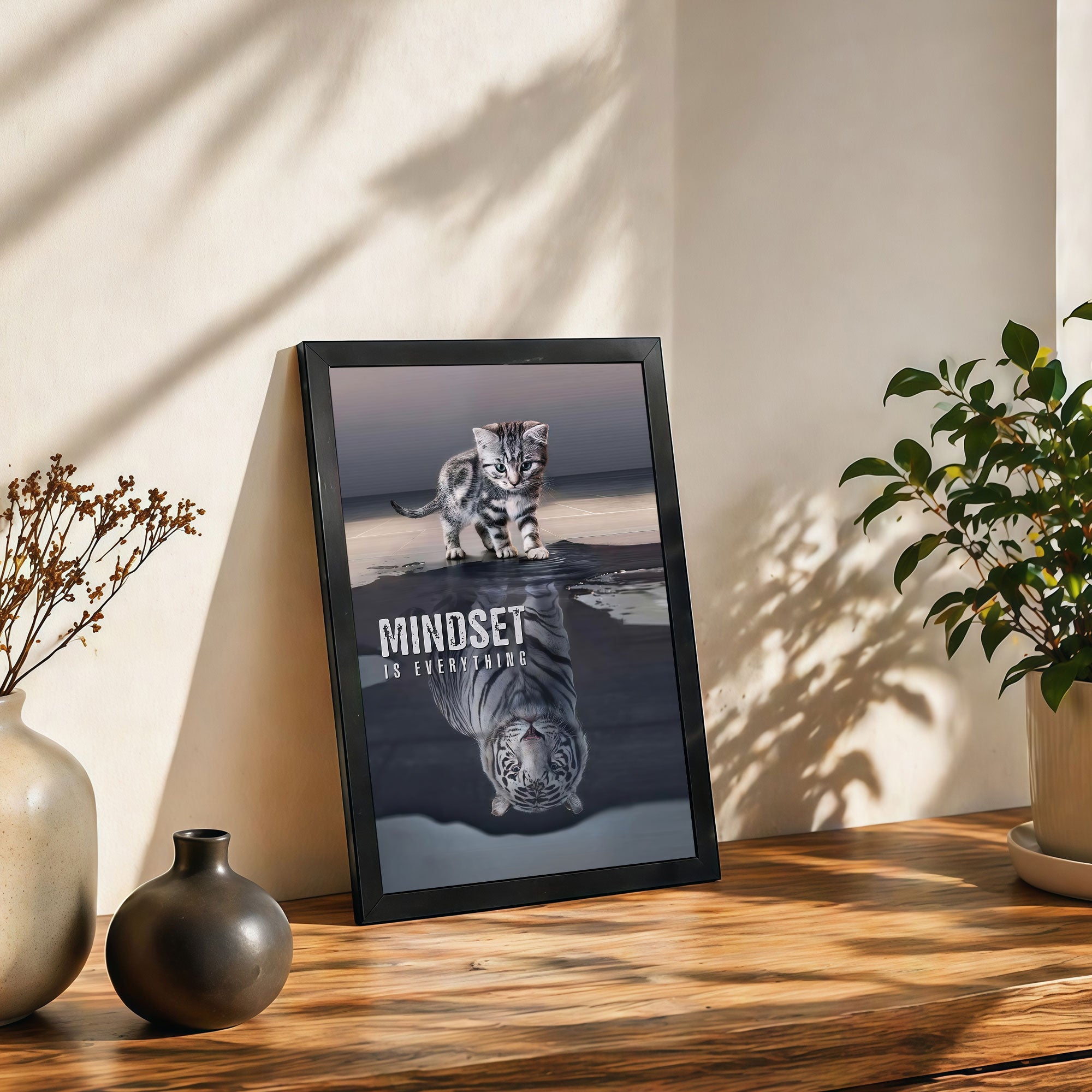 The Castle Decor Mindset Is Everything Wall Art Frame | Inspirational Tiger Reflection Motivational Decor for Home & Office