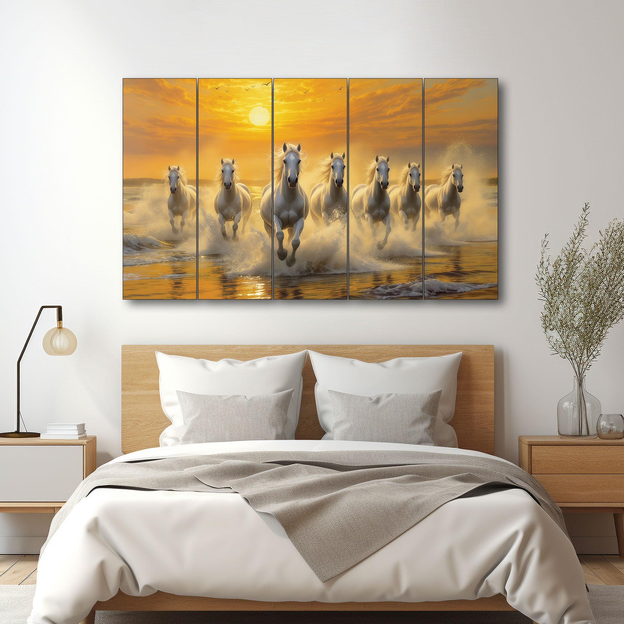 The Castle Decor 7 Running Sunrise Horses Wall Painting for Living Room Big Size Set of 5