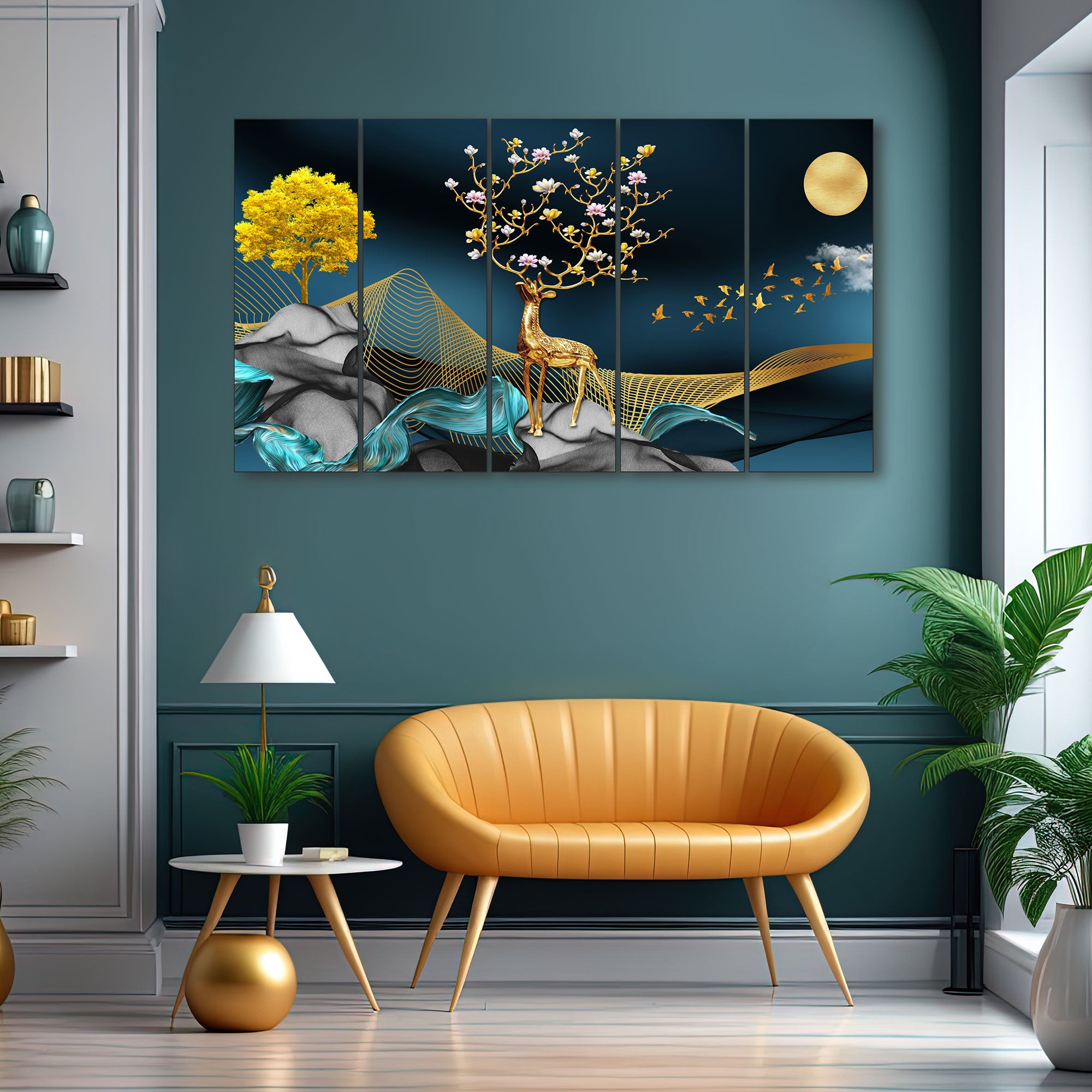 Golden Deer Painting with frame Big Size Wall Art for living room,Bedroom,Drawing room,Hotels 36x60"