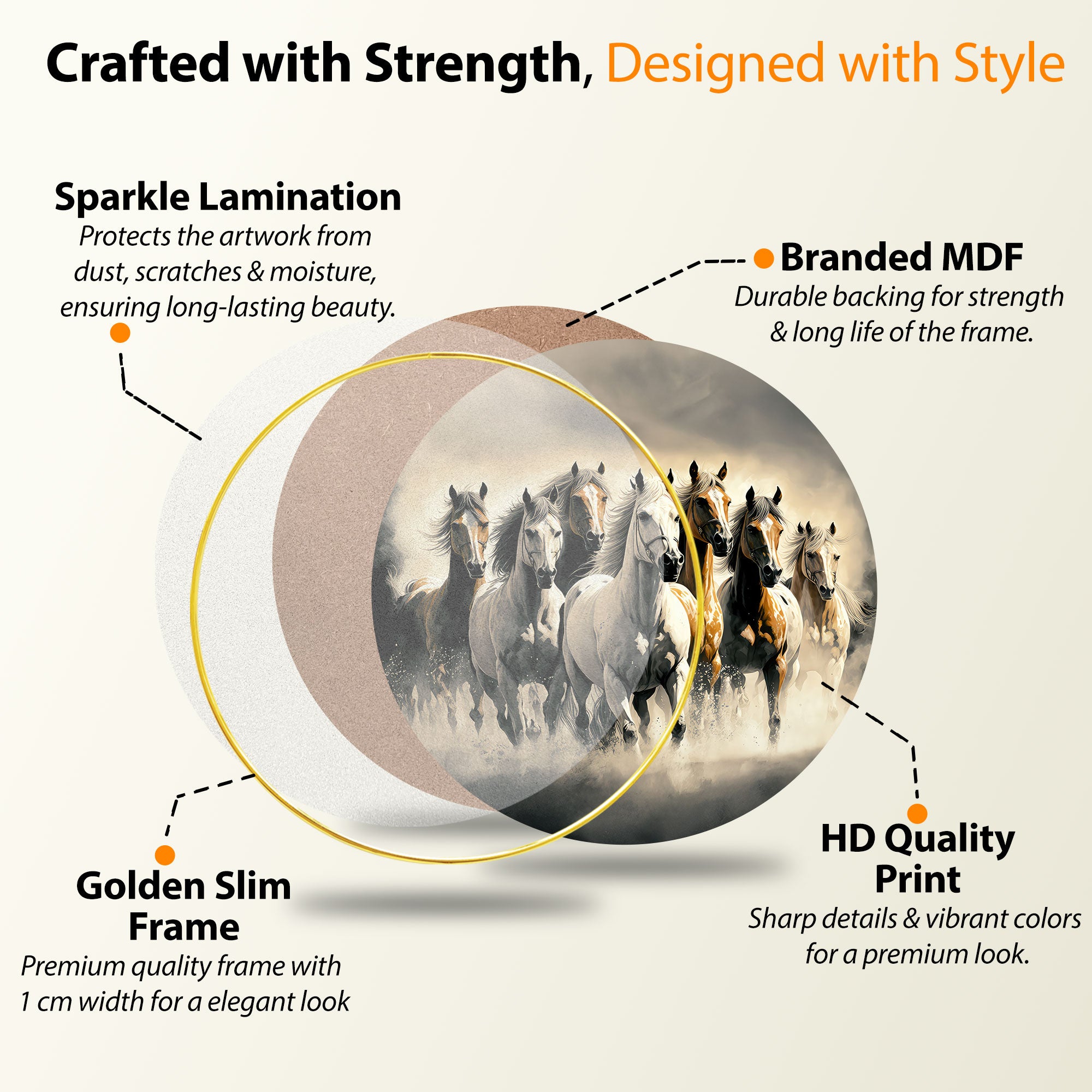 The Castle Decor Vastu 7 Horses Running Wall Hanging | Elegant Golden Round Frame Painting for Home, Hotel, Living Room & Gift Decoration