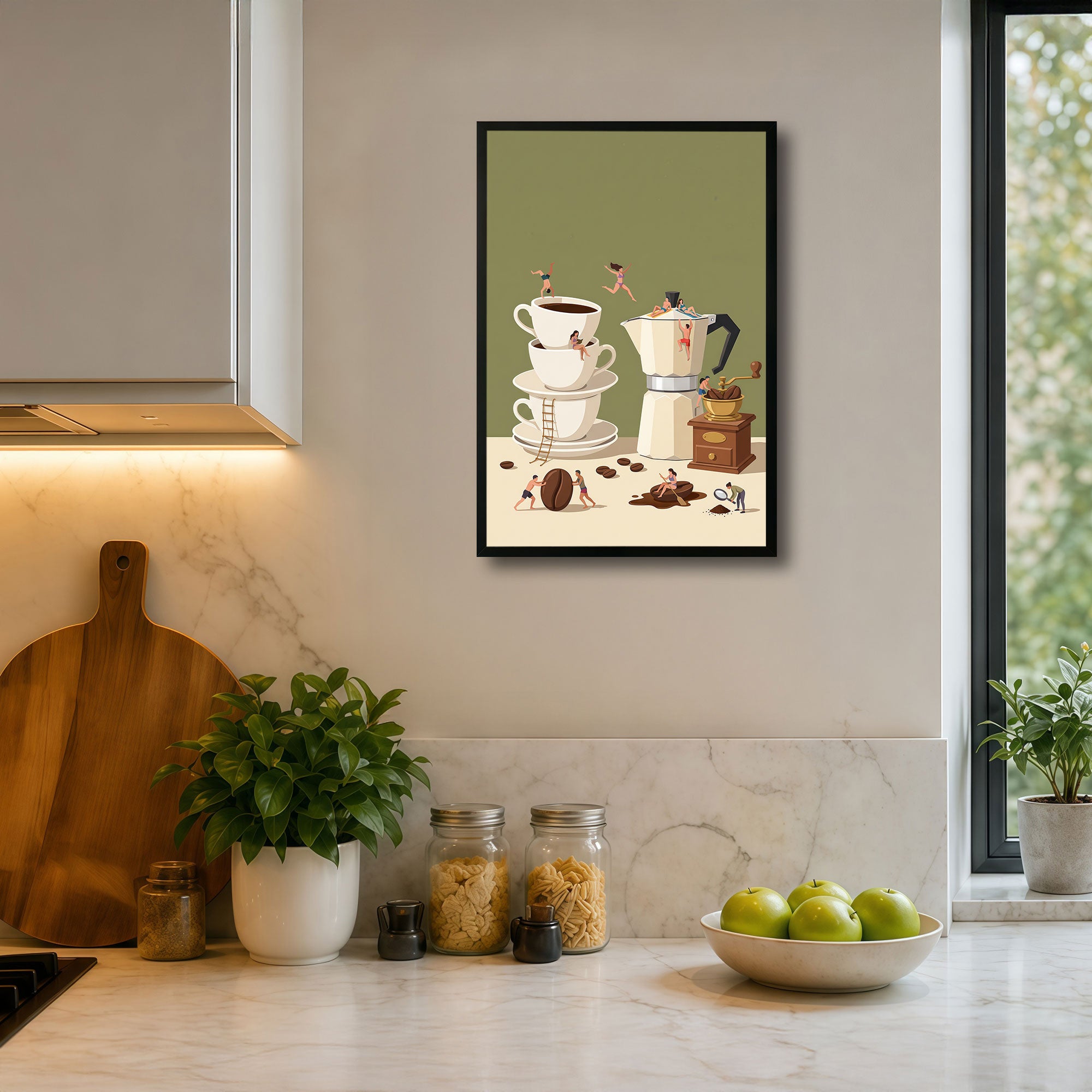 The Castle Decor Coffee Brewing Wall Art Frame | Kitchen Coffee Decor | Sparkle Finish MDF Painting with Premium Fiber Frame for Home, Café & Dining Area