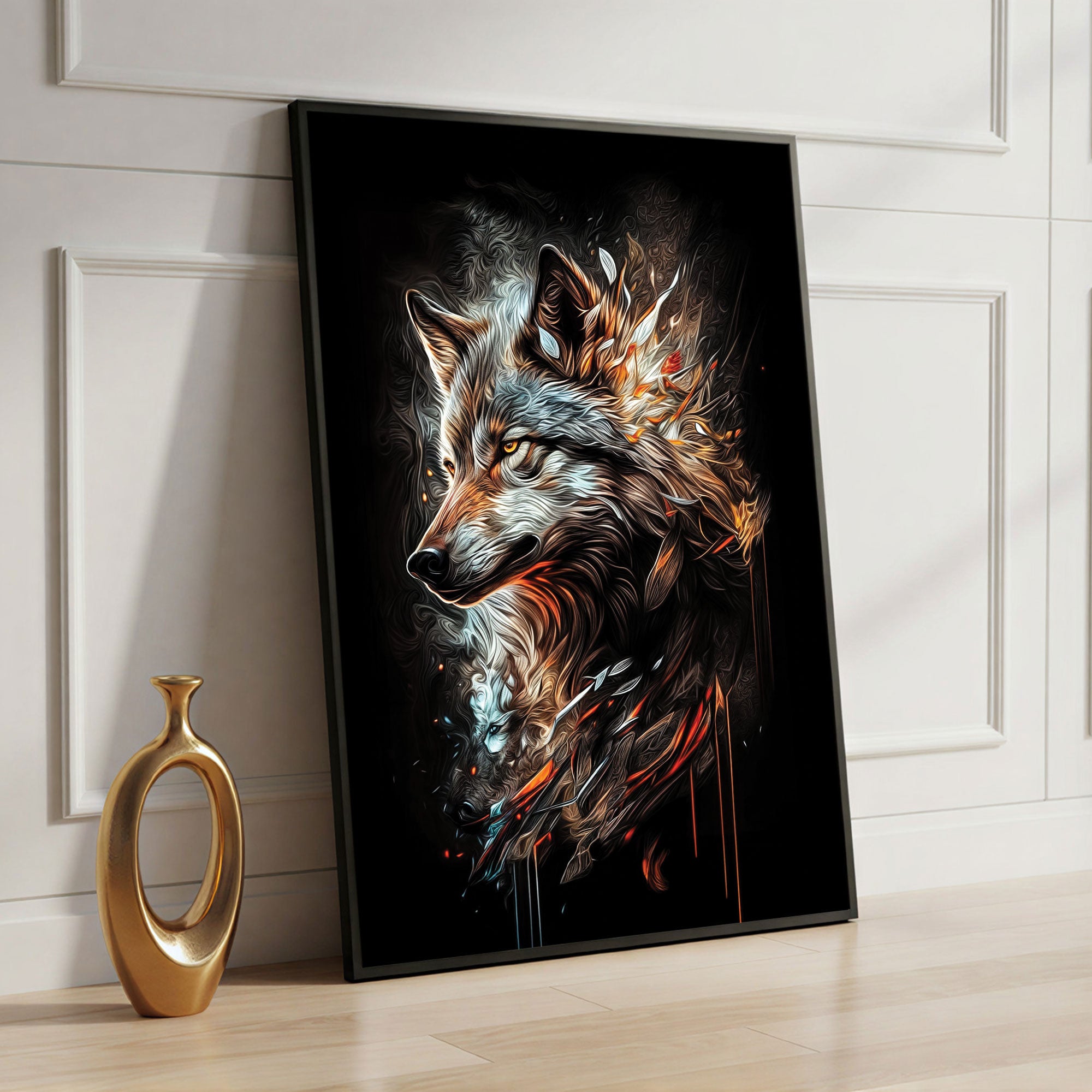 The Castle Decor Wolf Fire Spirit Wall Art, Powerful Wildlife Abstract Artwork with Premium Sparkle Finish, 20×30 Inch Wall Décor for Bedroom & Office