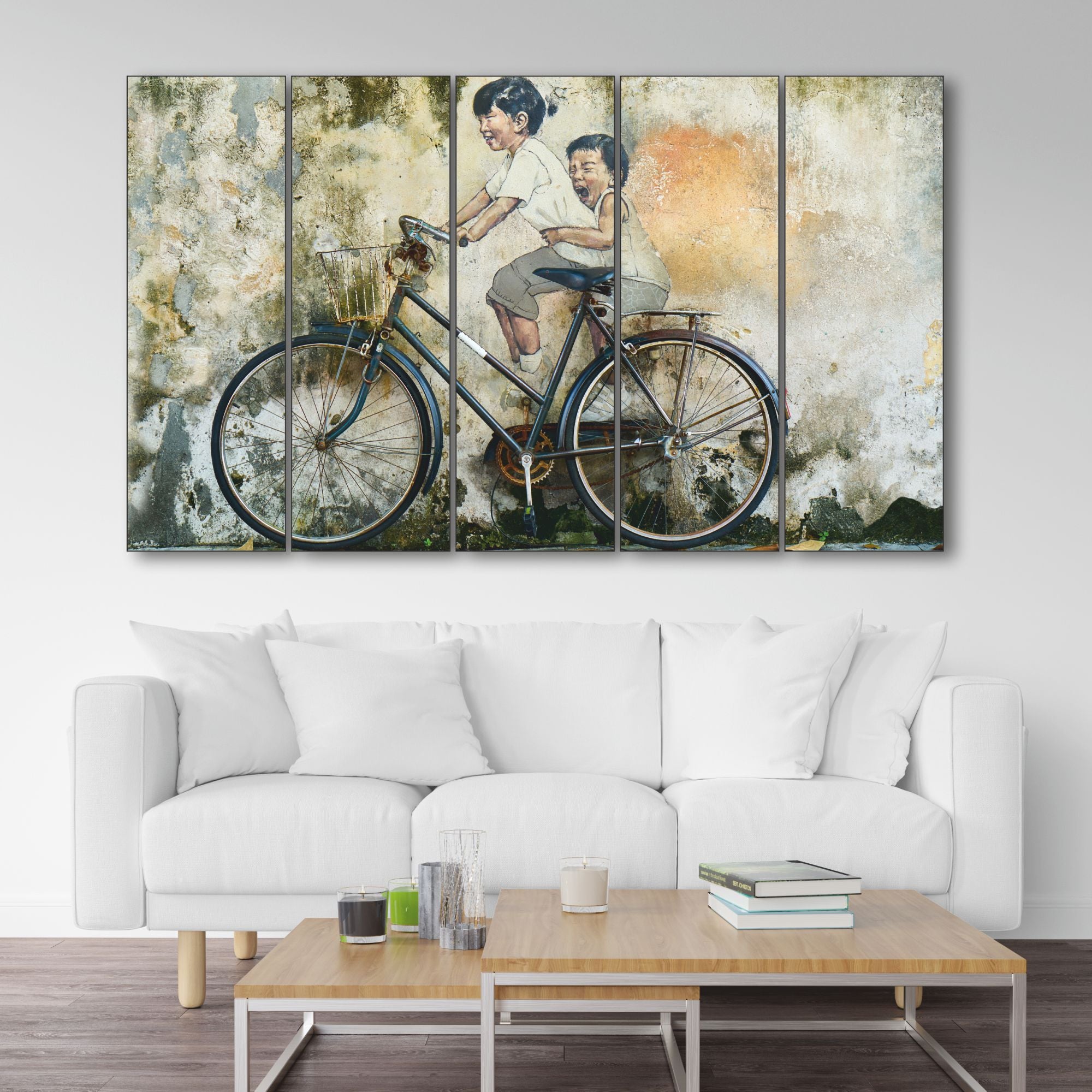 Beautiful Modern art riding bicycle Set of 5 Big Size Multiple Frames Wall Art Painting for living room,Bedroom,Drawing room,Hotels-Wooden Framed-Digital Painting