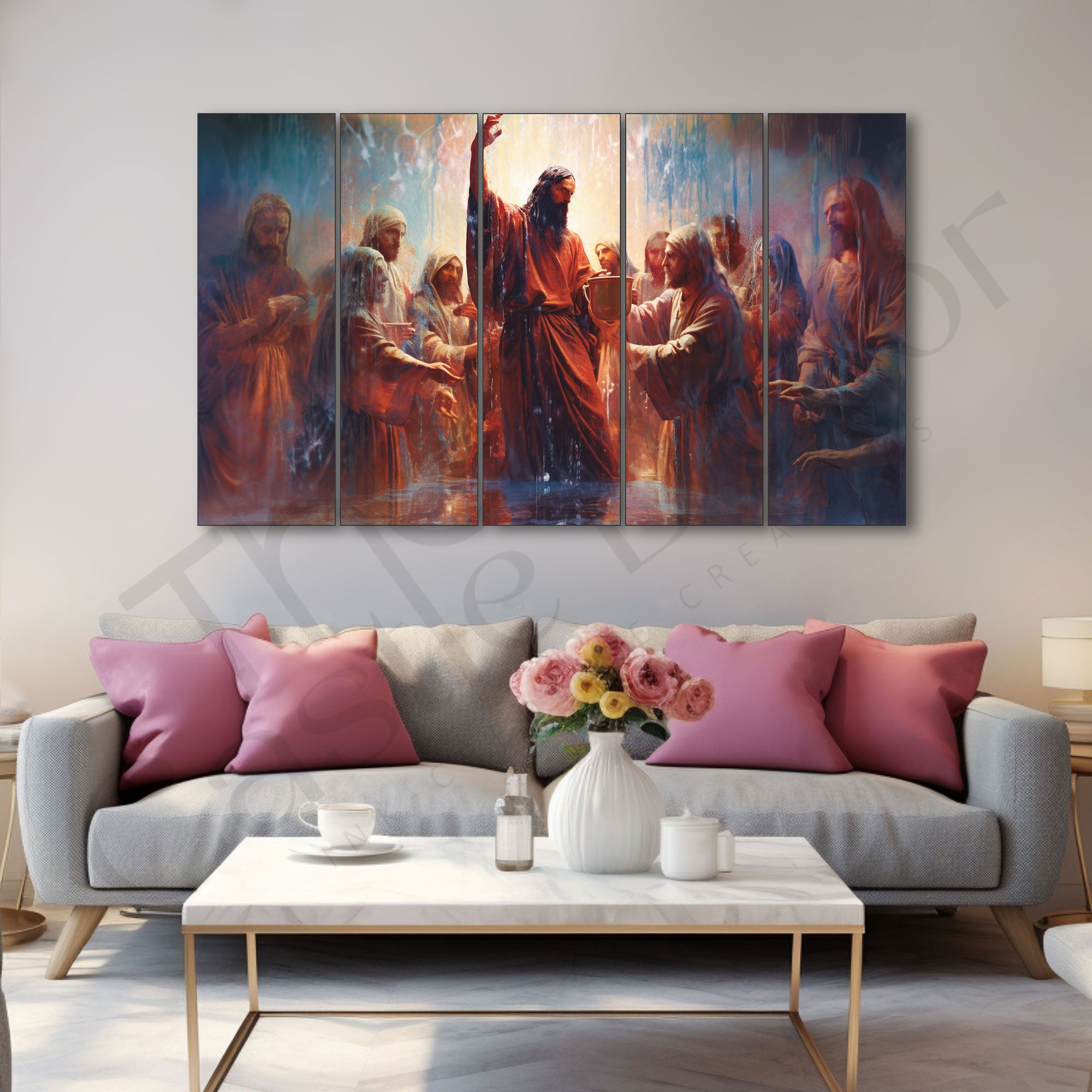 Jesus christ wine supper Set of 5 Big Size Multiple Frames Wall Art Painting for living room,Bedroom,Drawing room,Hotels-Wooden Framed-Digital Painting 27x48"