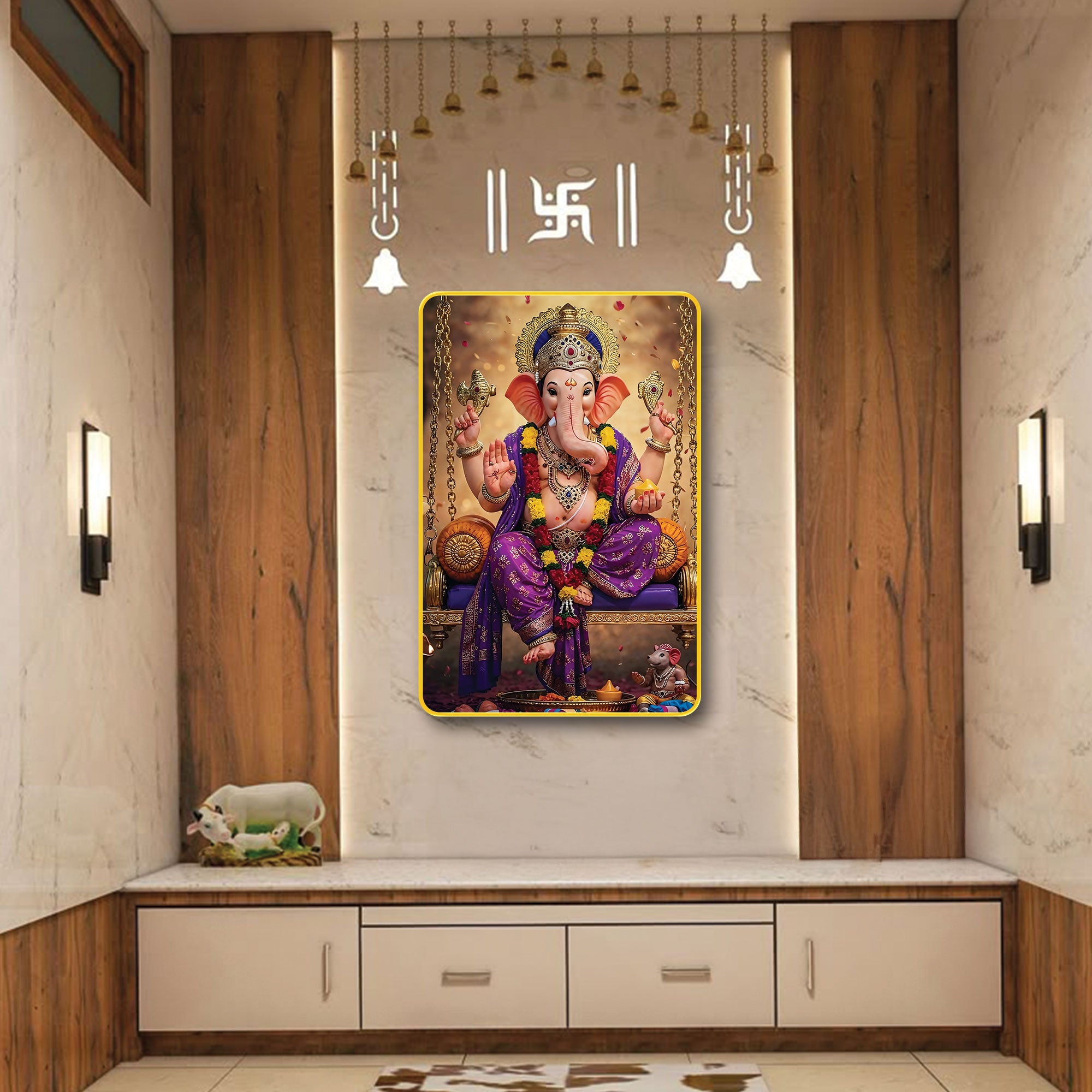 The Castle Decor Ganpati Bappa Wall Painting (20x30 Inch) | Sparkle Laminated Ganesha Art | Golden Slim Frame with MDF | Hindu God Decorative Photo for Home, Mandir & Gift | Spiritual Wall Decor