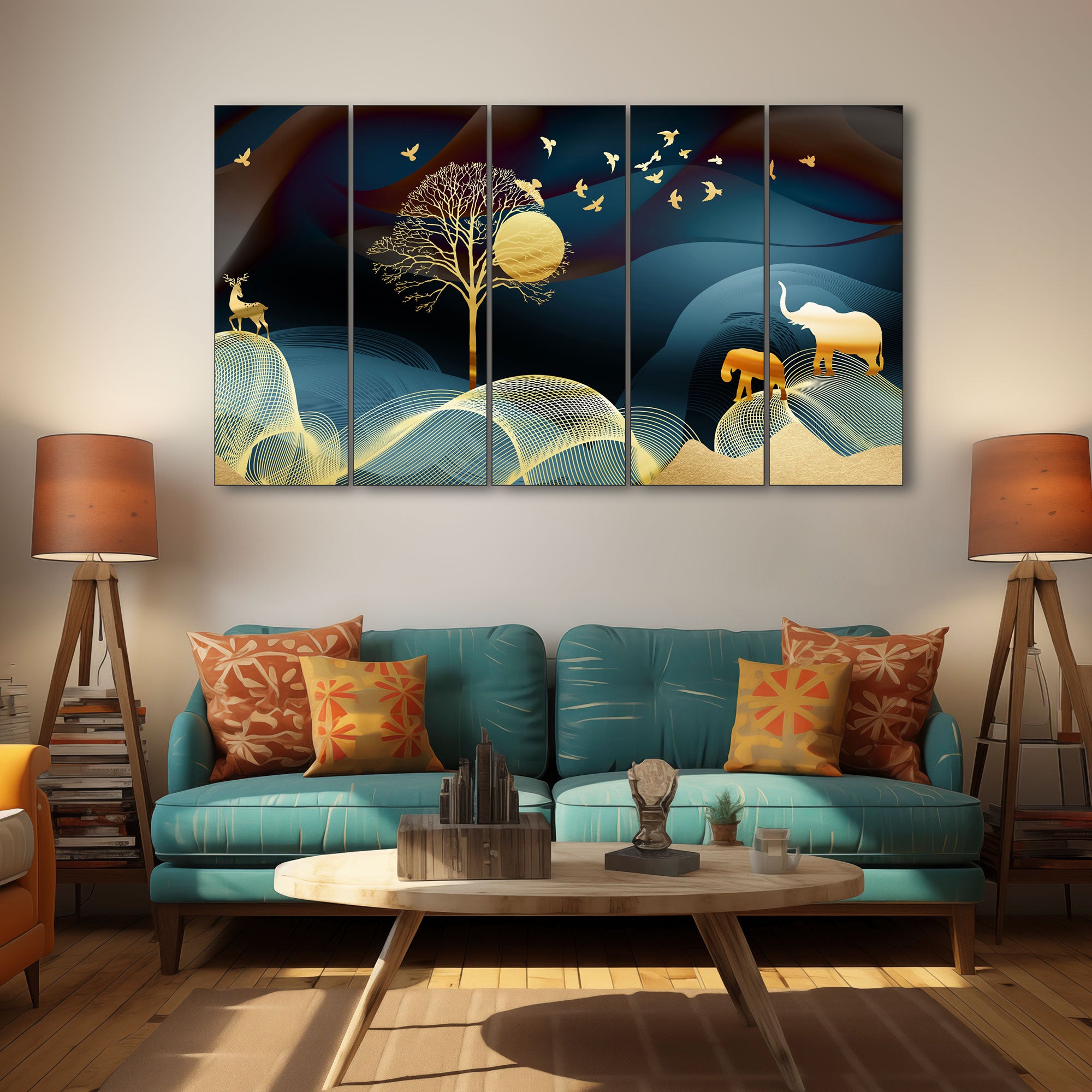 Golden Deer Painting with frame Big Size Wall Art for living room,Bedroom,Drawing room,Hotels 27x48"