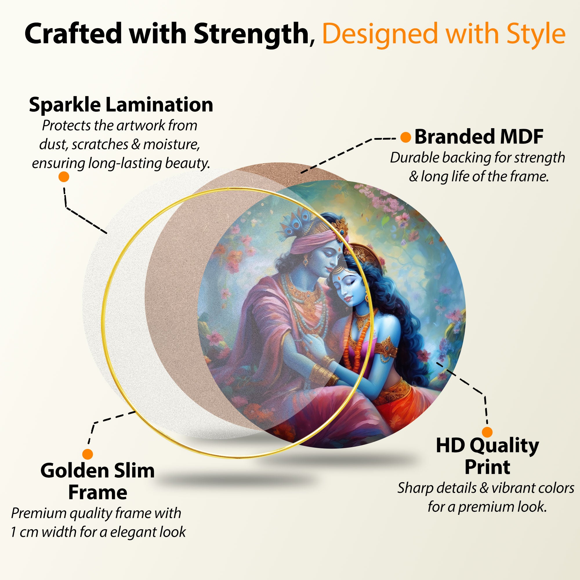 The Castle Decor Radha Krishna Ji Wall Hanging Round | Elegant Golden Frame Spiritual Love Artwork for Home, Hotel, Office & Gift Decoration