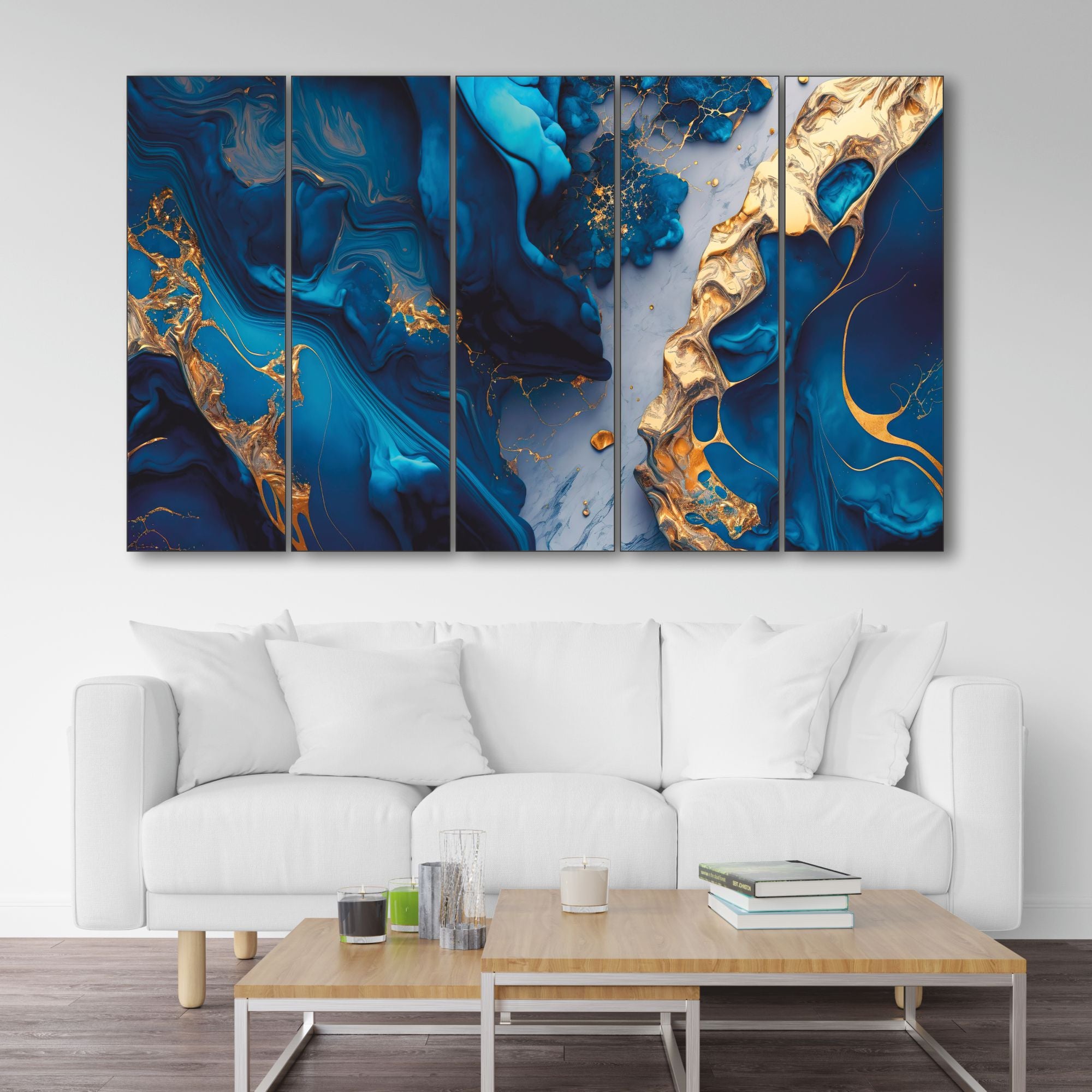 Blue Gold sparkle Set of 5 Big Size Multiple Frames Wall Art Painting for living room,Bedroom,Drawing room,Hotels-Wooden Framed-Digital Painting