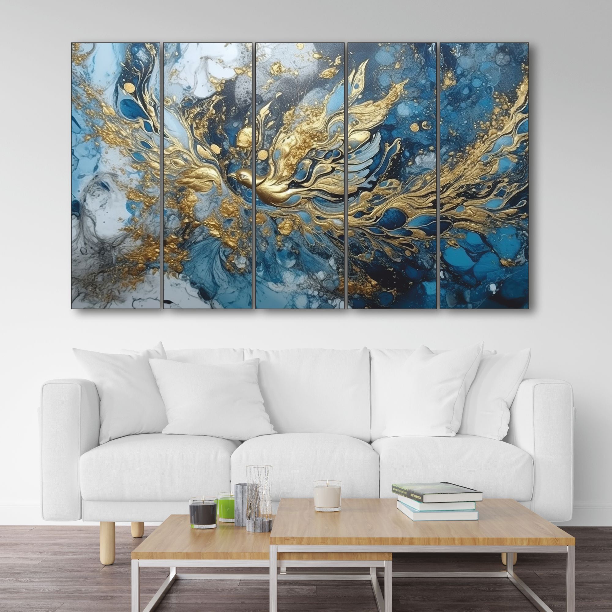 Abstract golden blue Set of 5 Big Size Multiple Frames Wall Art Painting for living room,Bedroom,Drawing room,Hotels-Wooden Framed-Digital Painting