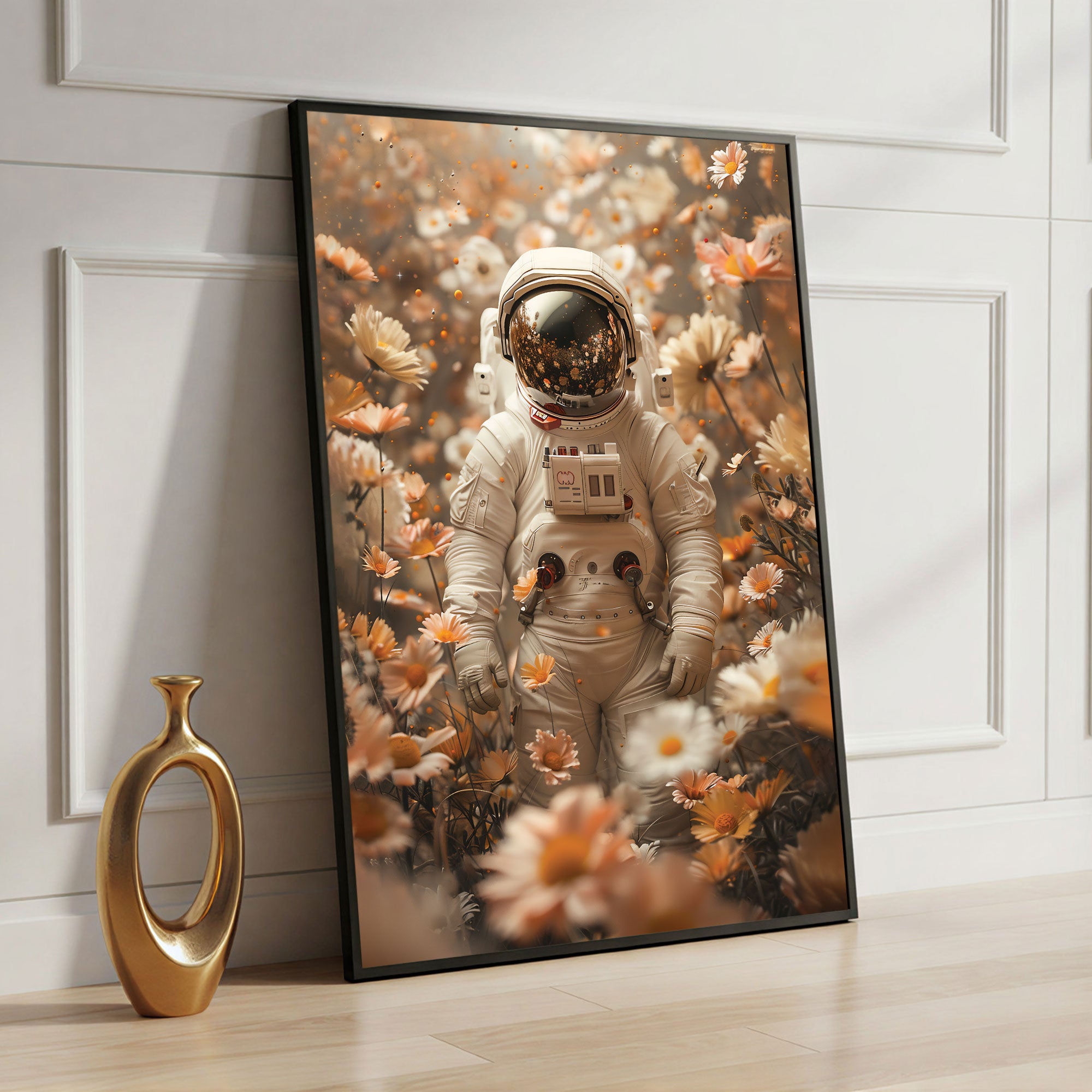 The Castle Decor Astronaut Floral Wall Art Poster, Surreal Space and Nature Artwork with Luxury Sparkle Finish, 20×30 Inch Wall Décor for Bedroom & Living Room