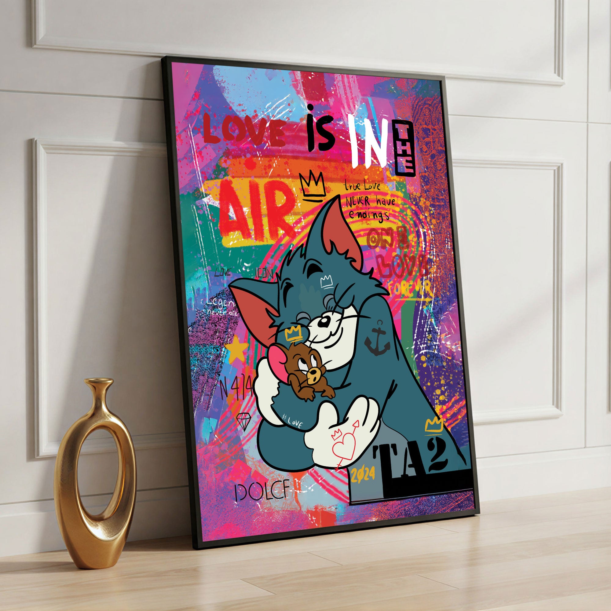 The Castle Decor Tom and Jerry Street Art Wall Painting, Cartoon Graffiti Love Artwork with Premium Sparkle Finish, 20×30 Inch Wall Décor for Kids Room & Studio