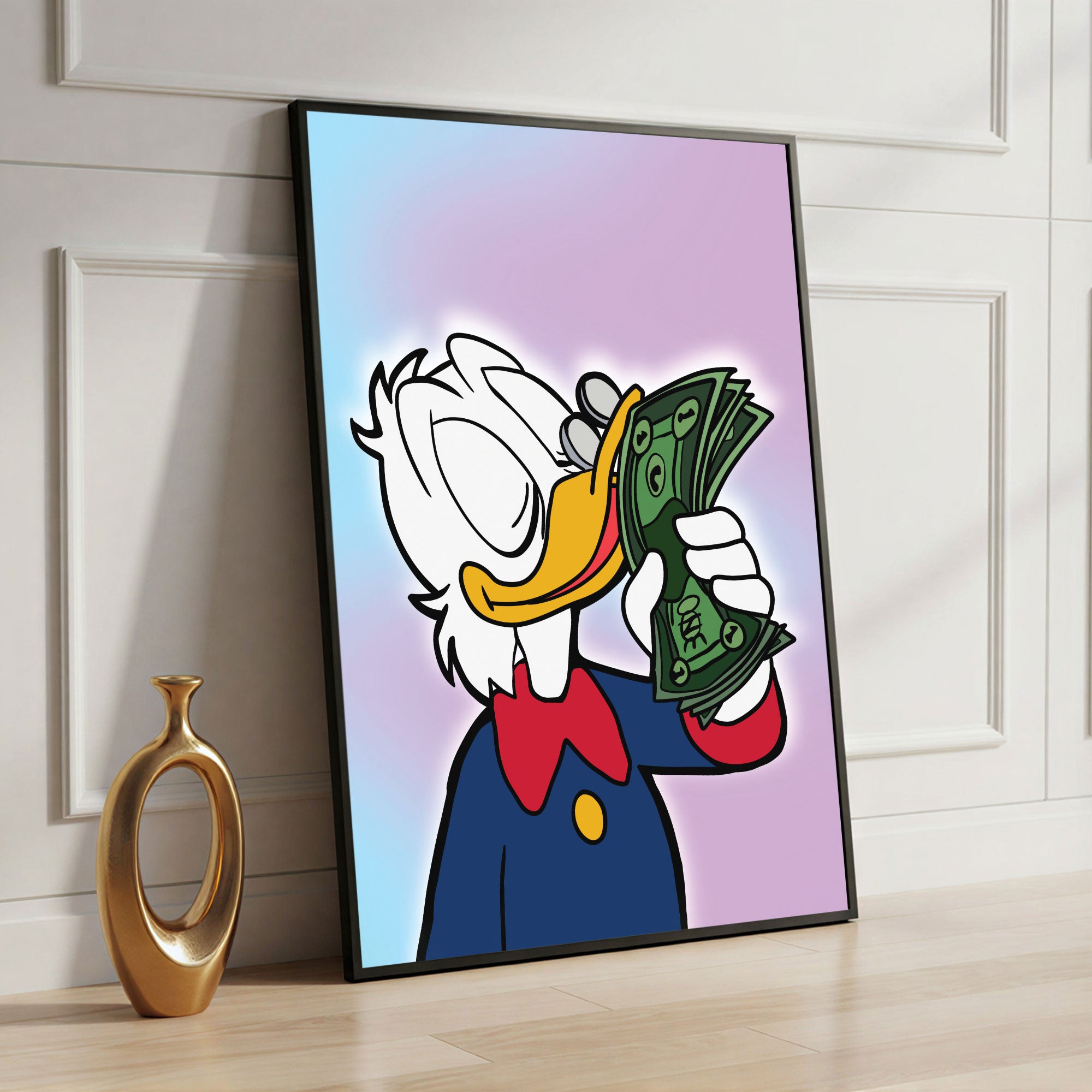 The Castle Decor Luxury Duck Money Pop Art Wall Art – Designer Cartoon Wealth Illustration with Cash Theme, Premium Sparkle Finish, 20×30 Inch Wall Décor for Office