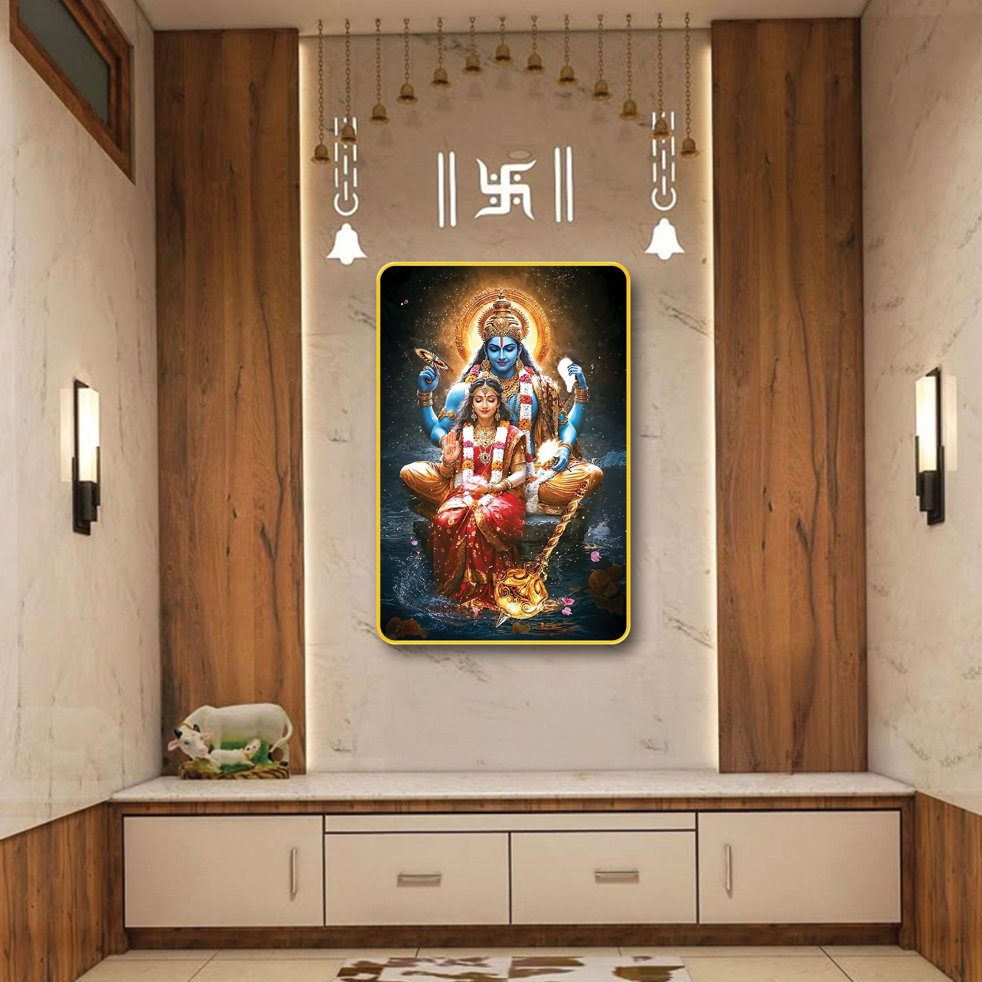 The Castle Decor Vishnu Lakshmi Digital Wall Art | Sparkle Laminated Golden Frame | Divine Spiritual Décor for Pooja Room, Mandir, Home & Office 20X30