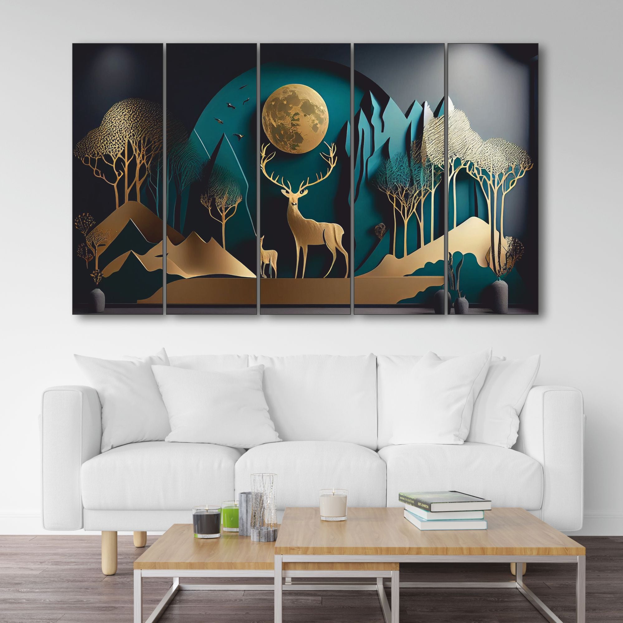 Golden deer nature Set of 5 Big Size Multiple Frames Wall Art Painting for living room,Bedroom,Drawing room,Hotels-Wooden Framed-Digital Painting