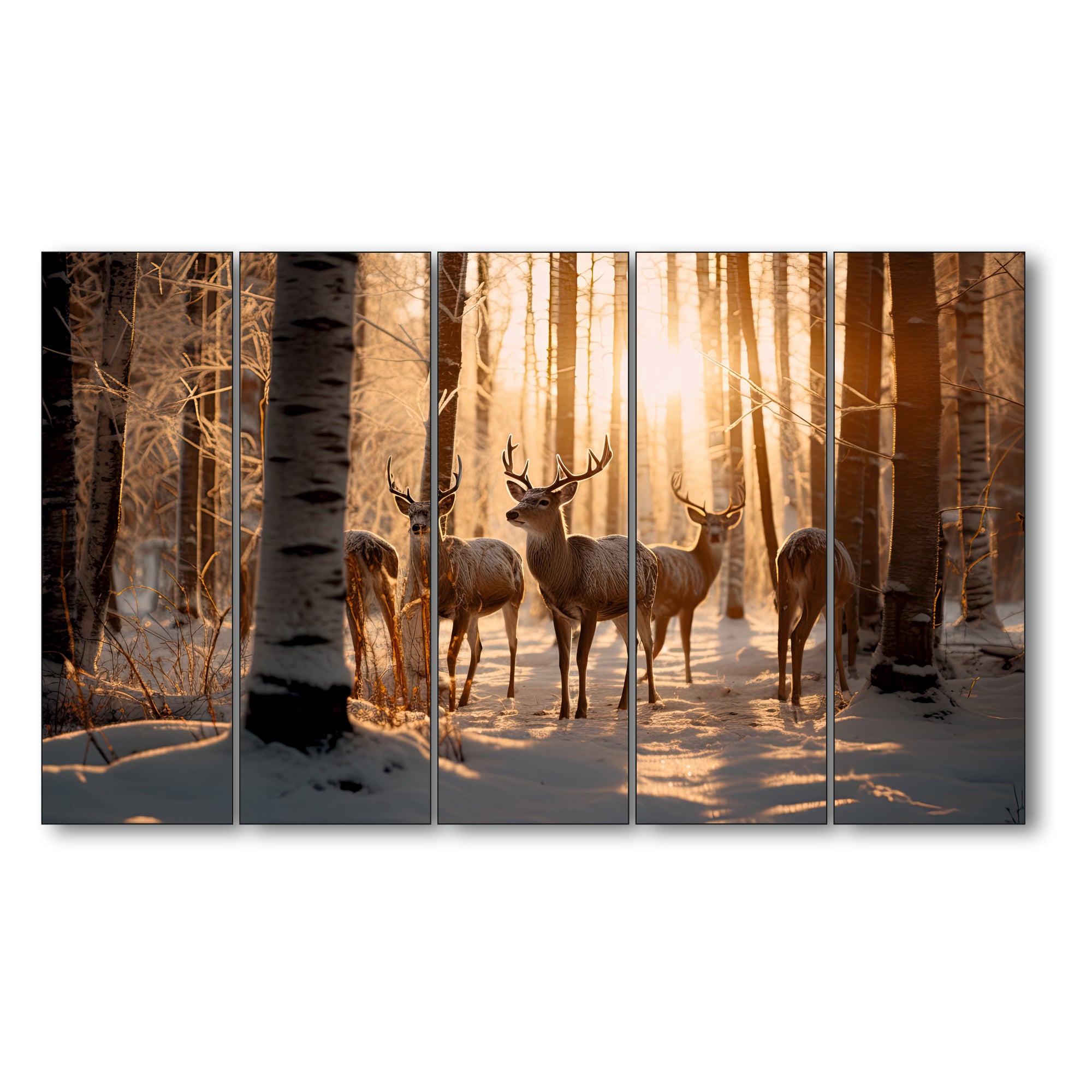 5 Reindeer Autumn Jungle Sunrise Set of 5 Big Size Multiple Frames Wall Art Painting for living room,Bedroom,Drawing room,Hotels-Wooden Framed-Digital Painting