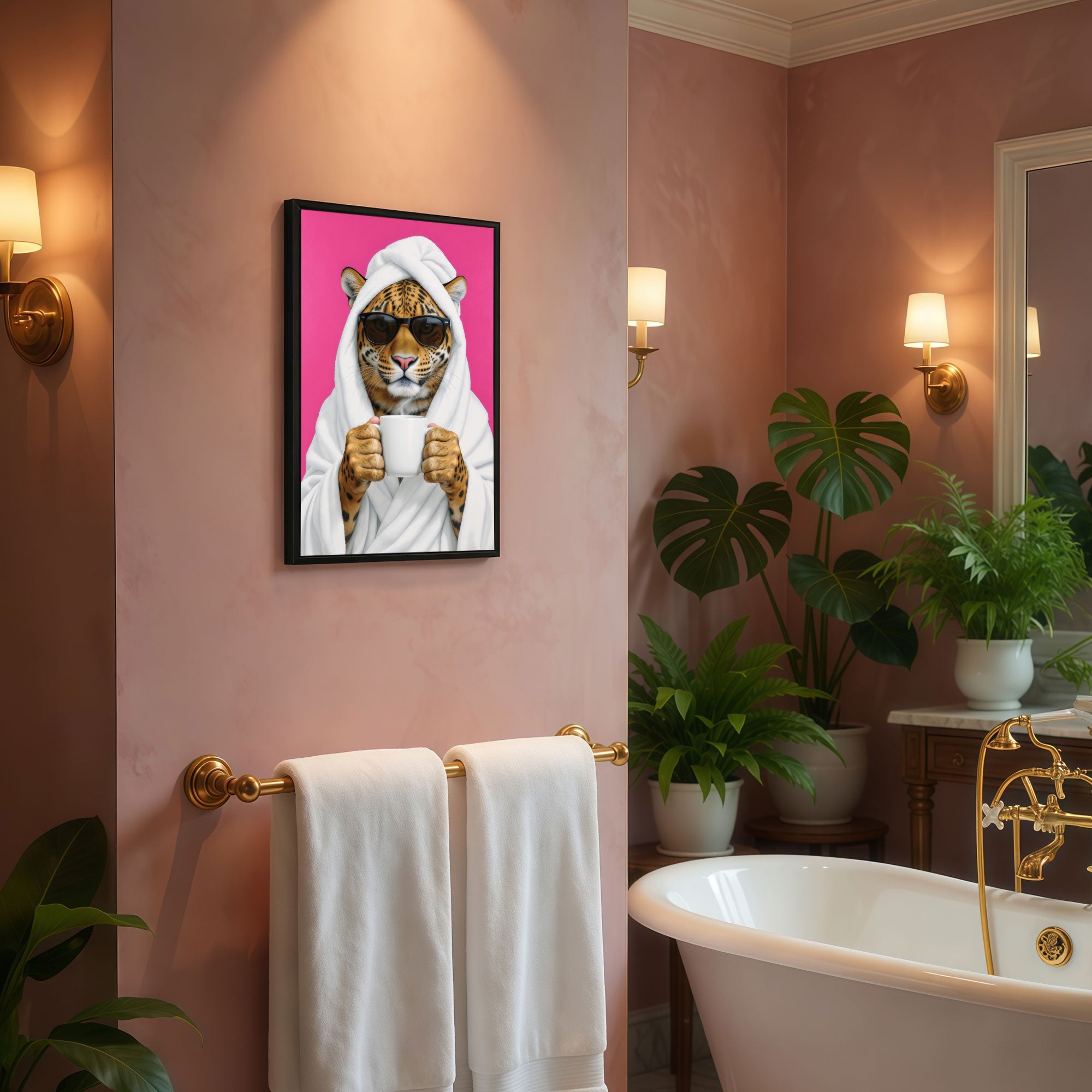 The Castle Decor Cute Leopard in White Bathrobe holding Coffee Mug Framed Wall Art – Funny Animal with Sunglasses Spa Bathroom Framed Poster, Humorous Powder Room Decor