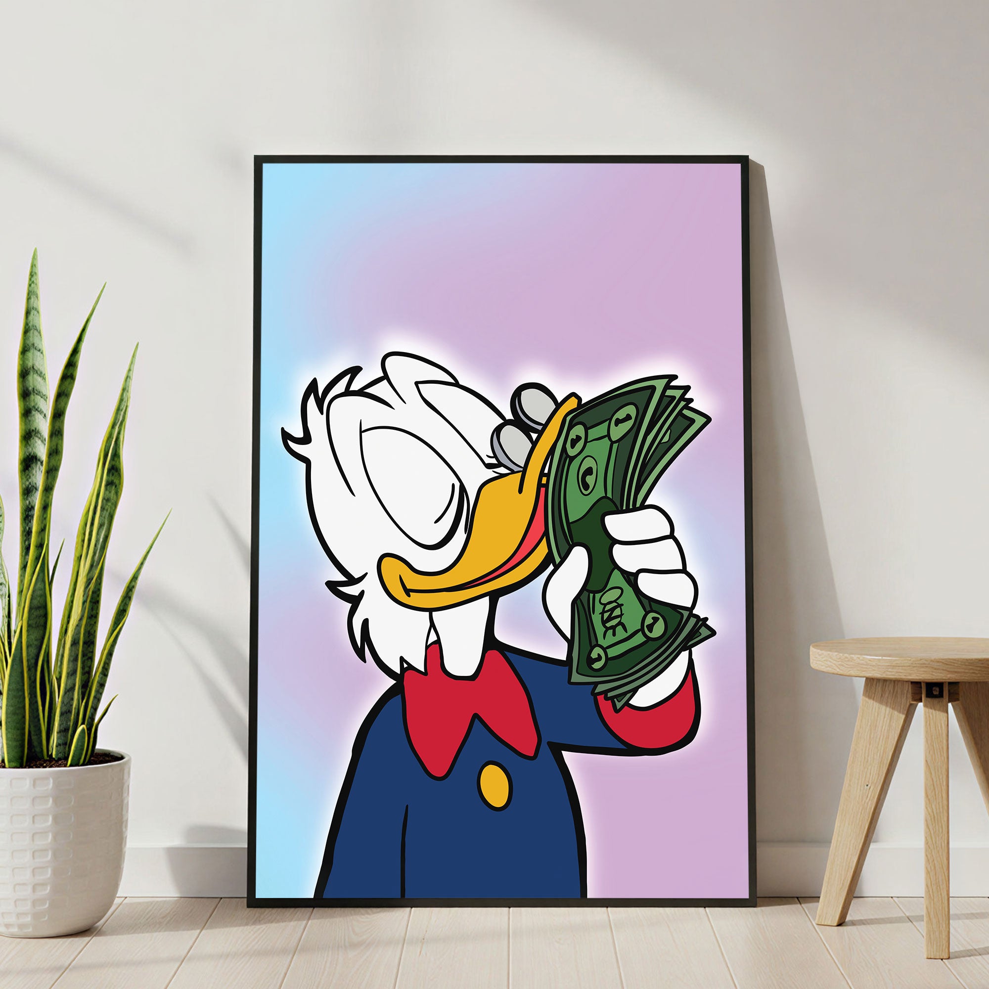 The Castle Decor Luxury Duck Money Pop Art Wall Art – Designer Cartoon Wealth Illustration with Cash Theme, Premium Sparkle Finish, 20×30 Inch Wall Décor for Office