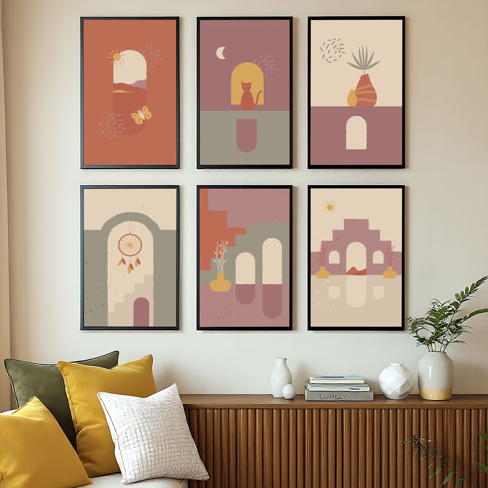 The Castle Decor Boho Wall Art for Living Room Big Size | Framed Abstract Botanical Paintings for Living Room & Bedroom | Modern Home Decoration & Perfect Gifting Option | Set of 6 (11×17 Inch Each)2