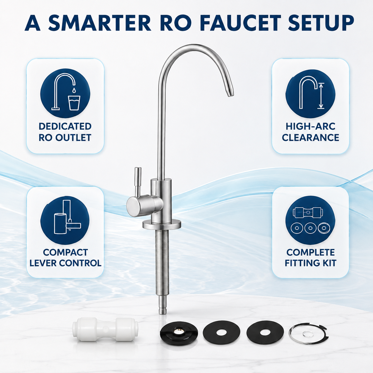 The Castle Decor Swan Neck RO Faucet for Under Sink Water Purifier | High Arc Drinking Water Tap with Single Lever Control, Stainless Steel Finish, Quick Connect Fitting & Installation Kit