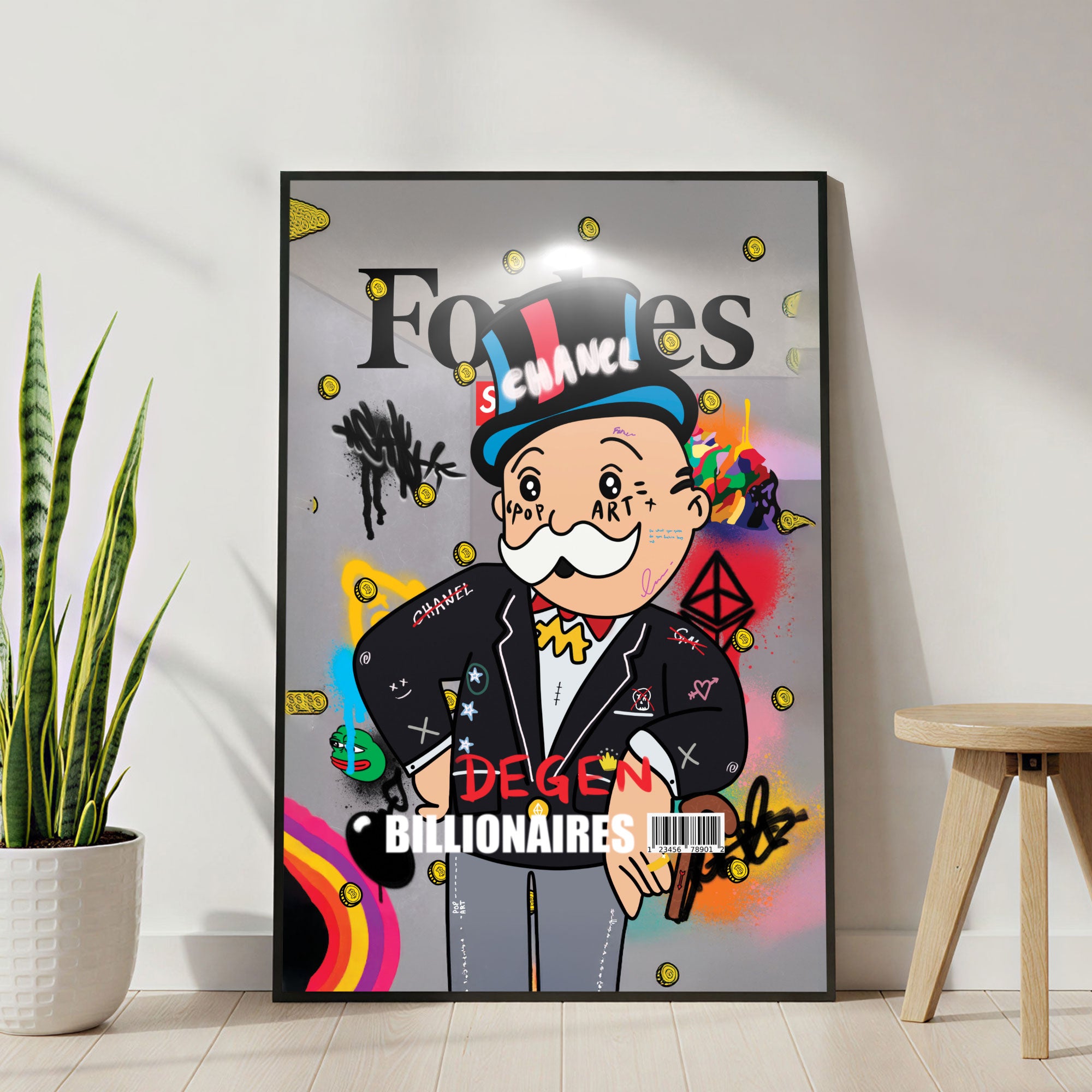 The Castle Decor Pop Art Billionaire Cartoon Wall Art, Luxury Monopoly Style Graffiti Artwork with Sparkle Finish, 20×30 Inch Wall Décor for Office & Man Cave