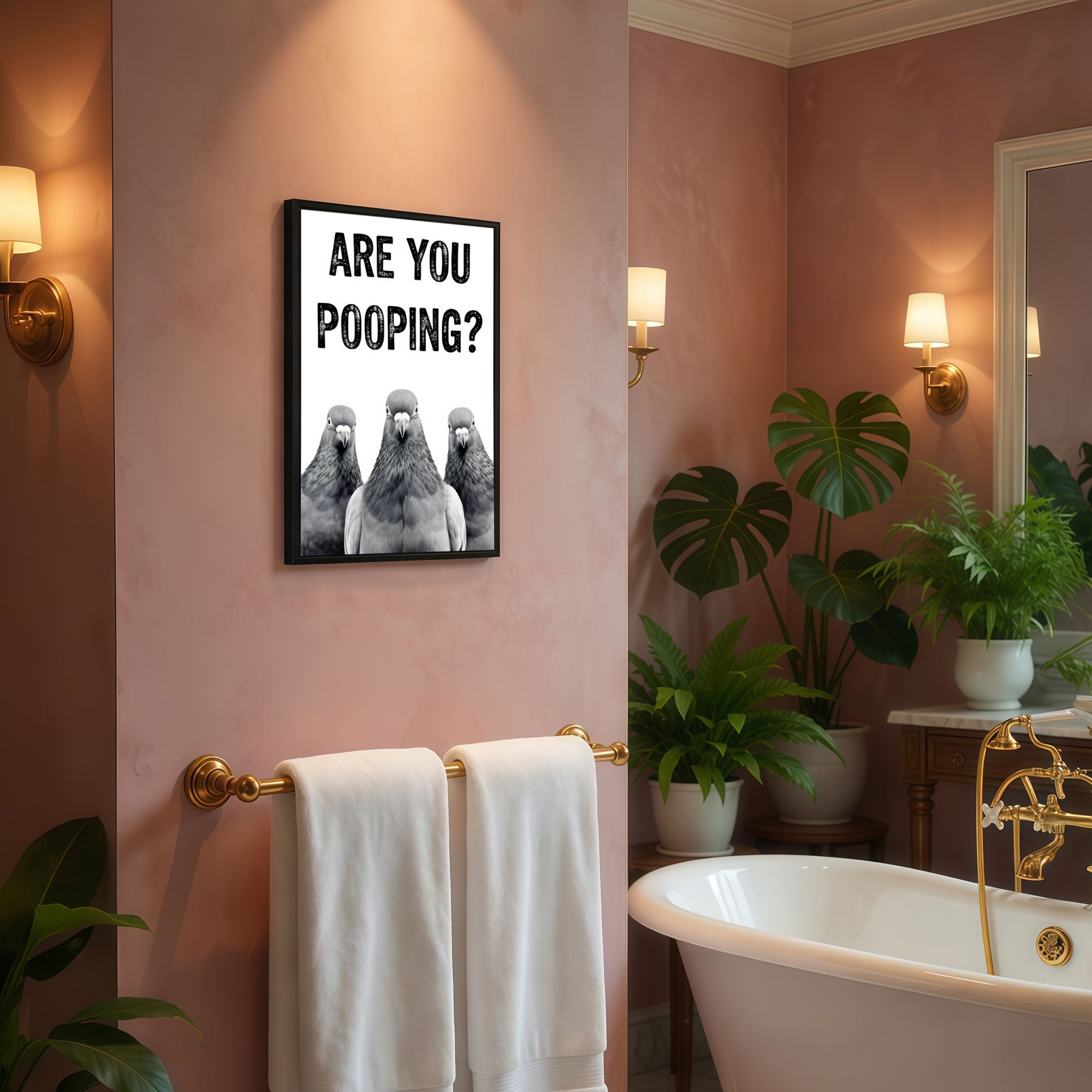 The Castle Decor Funny Are You Pooping Pigeons Framed Wall Art – Humorous Animal Text Poster, Black and White Bird Picture, Quirky Restroom & Guest Bathroom Decor