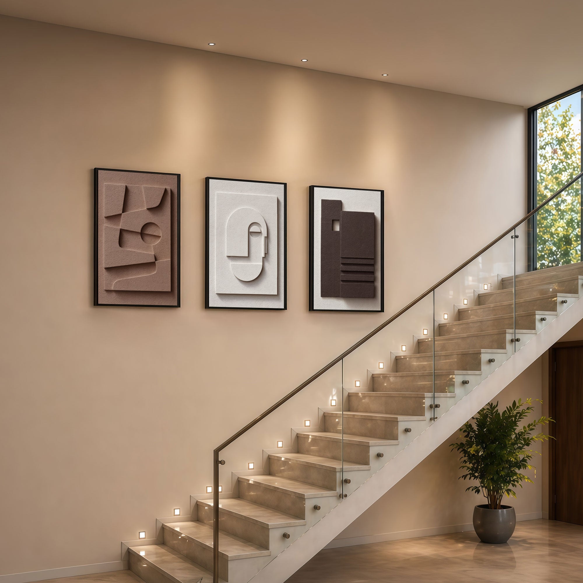 The Castle Decor 3-Piece Modern Minimalist 3D Relief Wall Art Set – Abstract Geometric Sculptural Framed Art, Neutral Terracotta & Cream Textured Bas-Relief Panels for Living Room, Staircase, Entryway