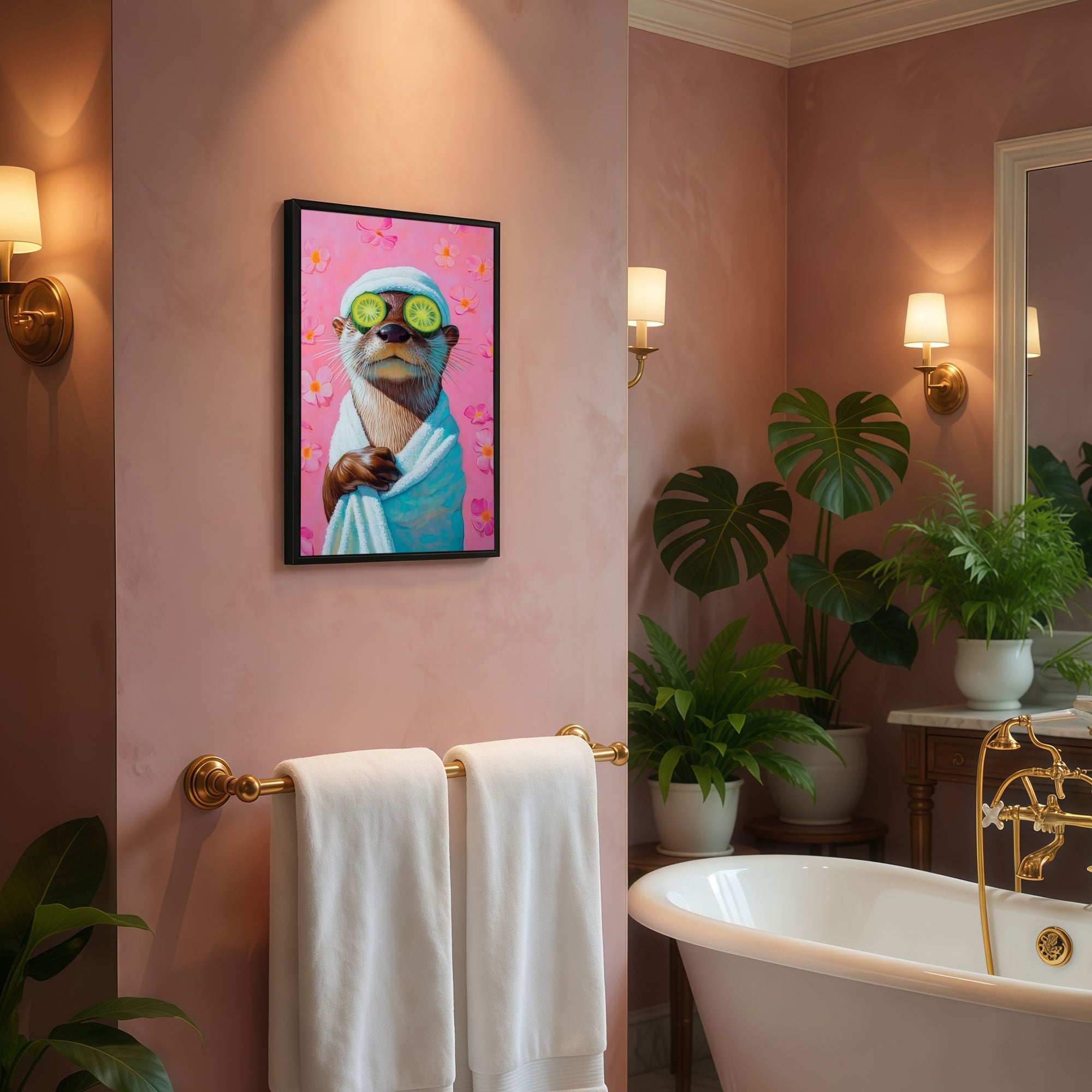 The Castle Decor Cute Spa Otter Wellness Bathroom Framed Wall Art – Funny Animal wrapped in Towel with Cucumbers Framed Poster, Quirky Pink Restroom Decor, Relatable Self Care Art