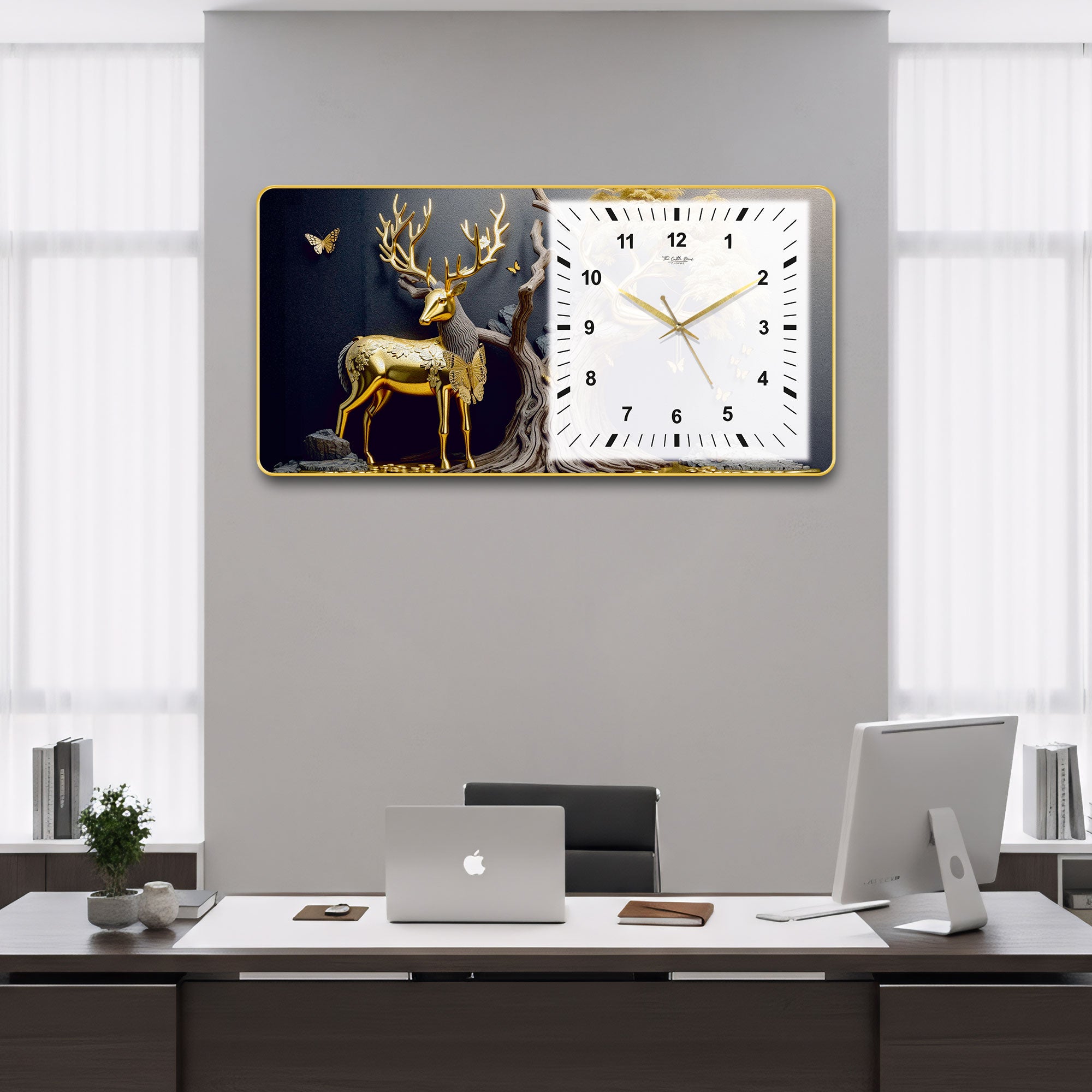The Castle Decor Golden Deer Decorative Wall Clock 24x12 Inch, Silent Sweep Non-Ticking Modern Wall Clock with Golden Slim Frame