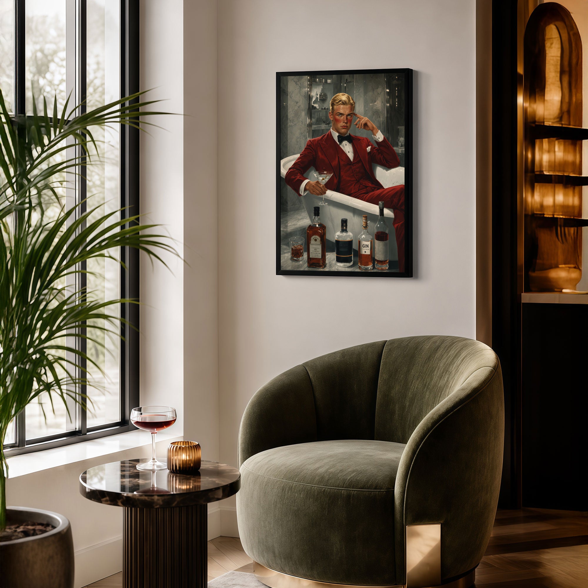 The Castle Decor Luxury Gentleman in Red Suit Cocktail Wall Painting | Premium Bar, Lounge, Man Cave & Restaurant Decor