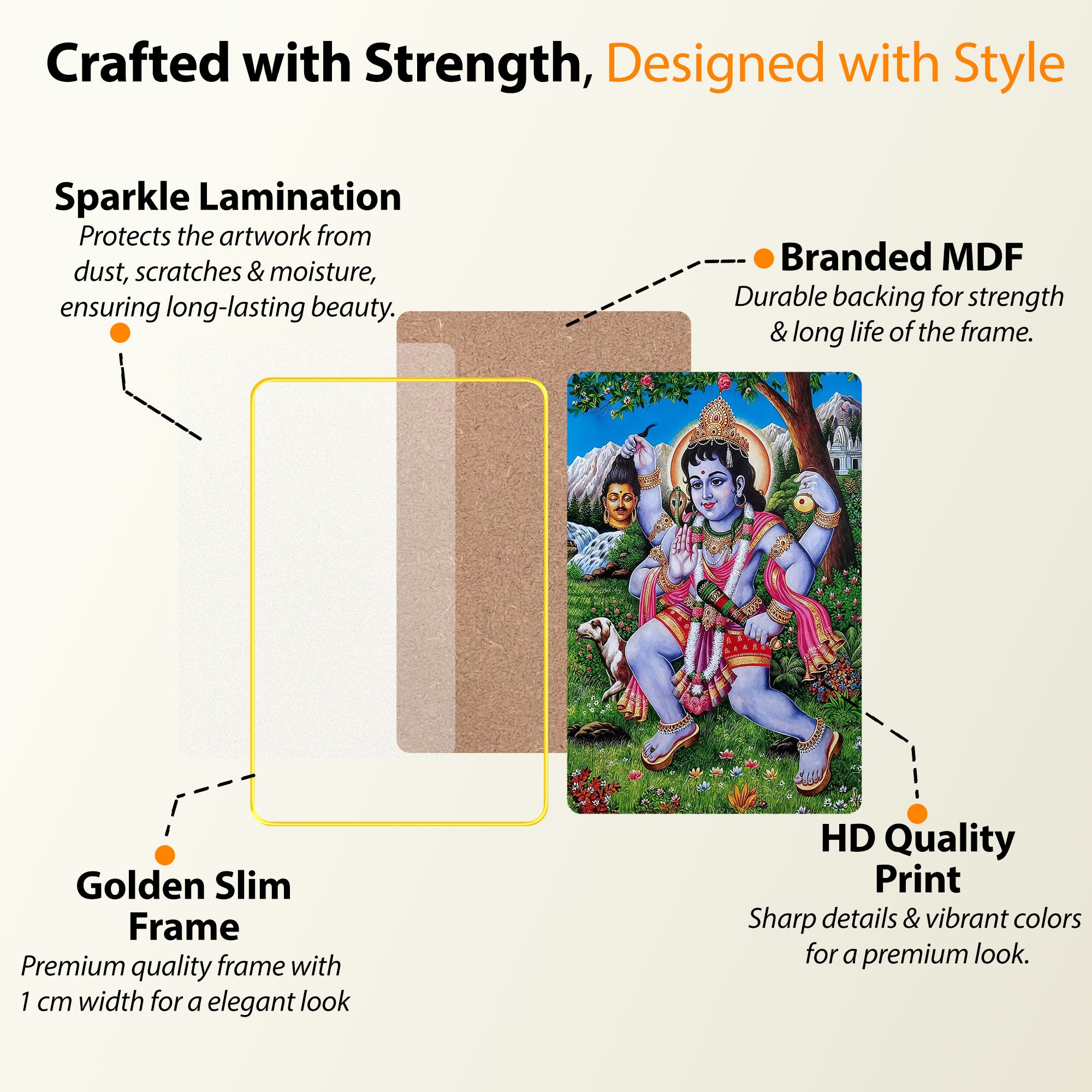 The Castle Decor Kal Bhairav Digital Print with Sparkler Lamination | Golden Slim Frame Wall Art for Home Temple & Office Décor | Hindu God Framed Artwork 20X30 Inches