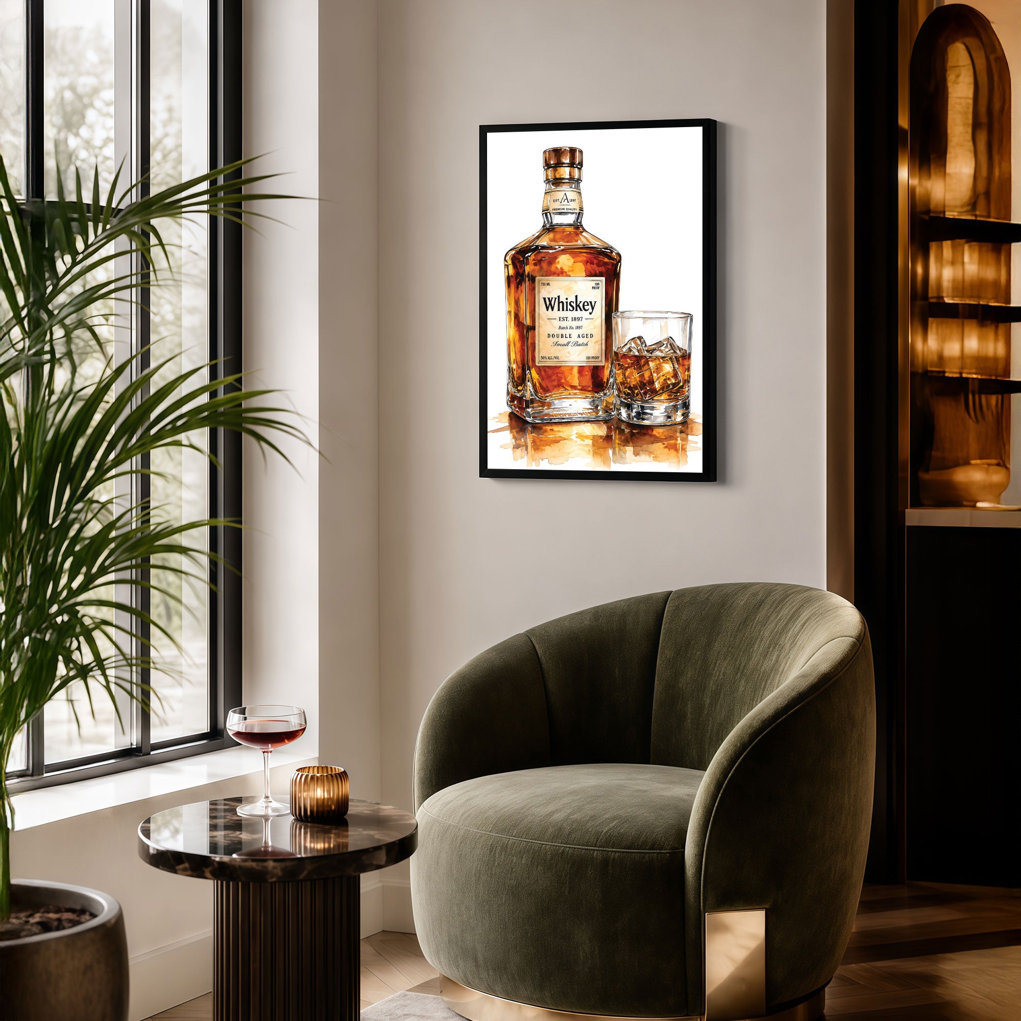 The Castle Decor Whiskey Bottle & Glass Wall Painting | Premium Bar Decor Art Print for Lounge, Pub, Man Cave & Home Bar