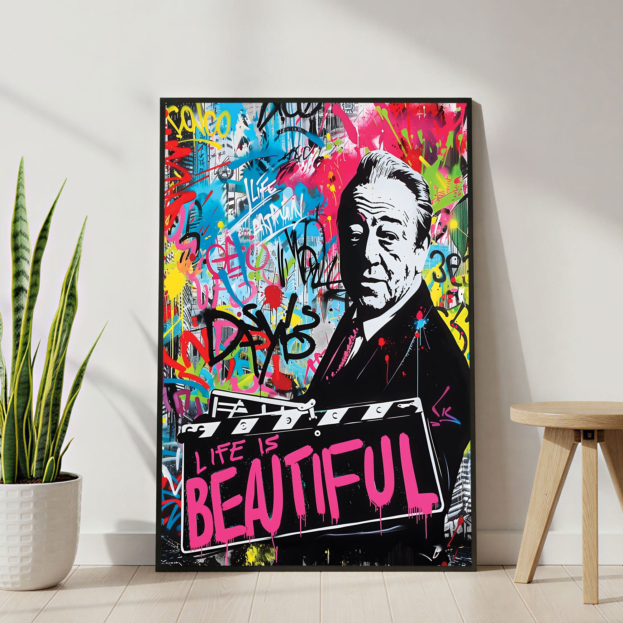 The Castle Decor Life Is Beautiful Pop Art Wall Art – Cinematic Graffiti Portrait Motivational Artwork with Premium Sparkle Finish, 20×30 Inch Wall Décor for Home & Office