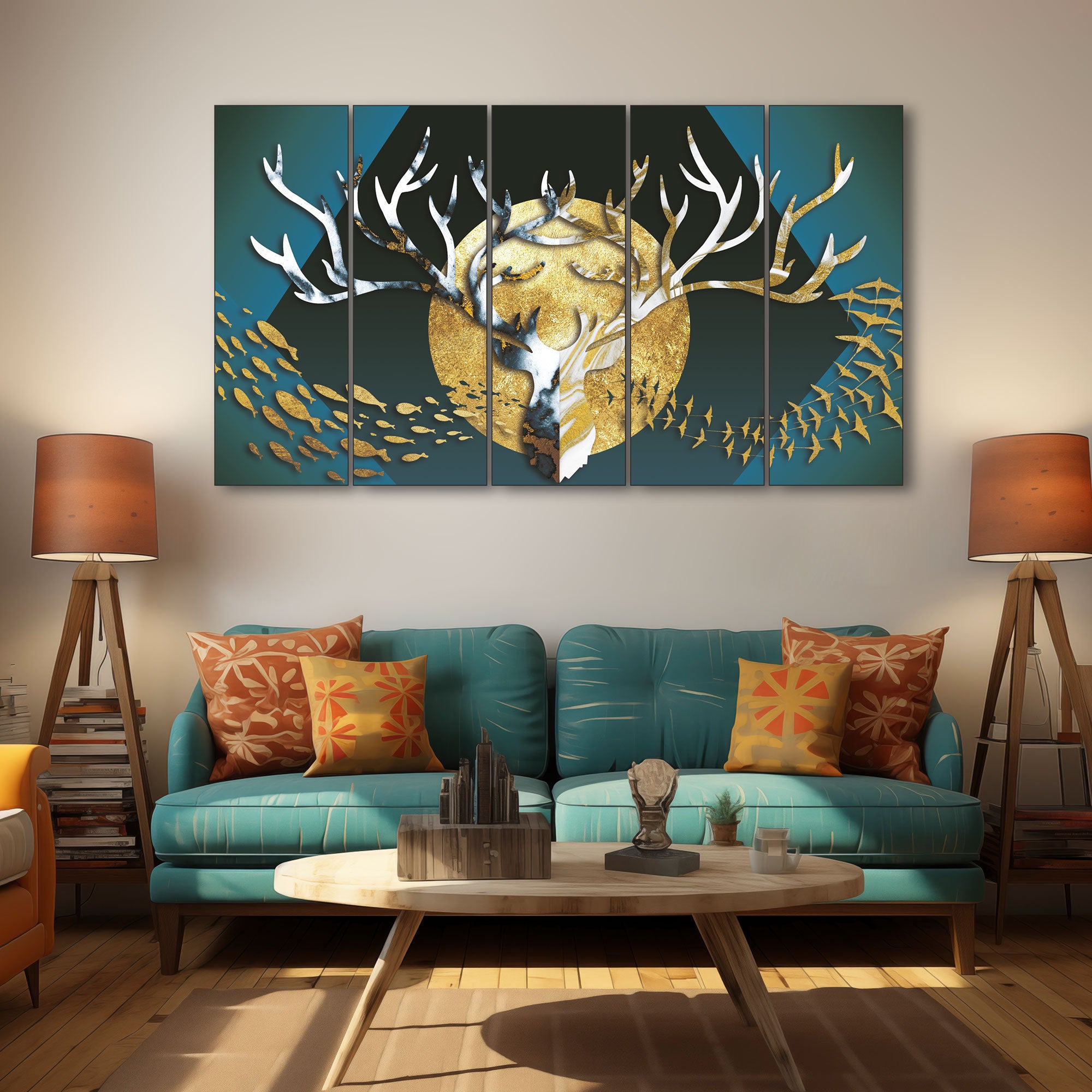 Golden Deer & Fishes Painting with frame Big Size Wall Art for living room,Bedroom,Drawing room,Hotels