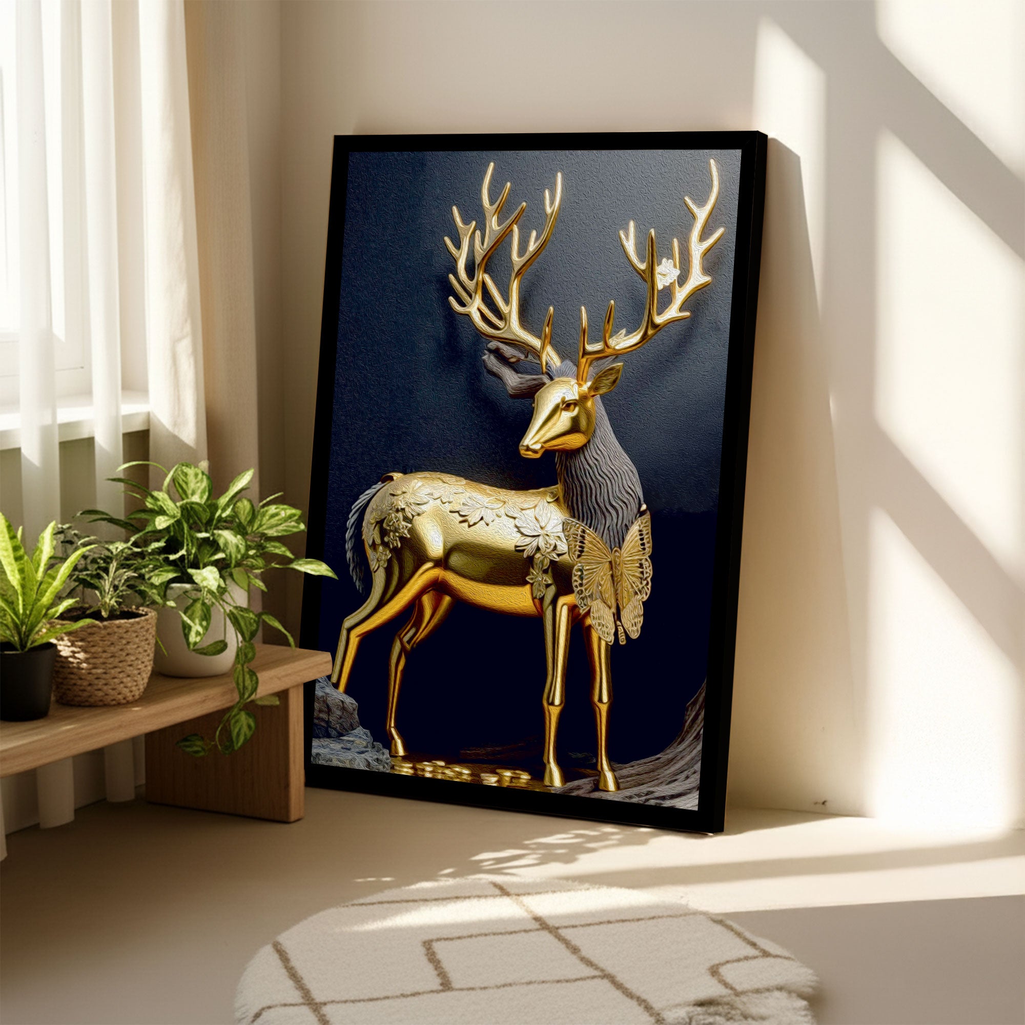 The Castle Decor Golden Deer Wall Painting | Lucky Charm Abstract Deer Art for Living Room & Bedroom | Big Size Multicolor Canvas Wall Decoration with Frame (20x30 Inch)