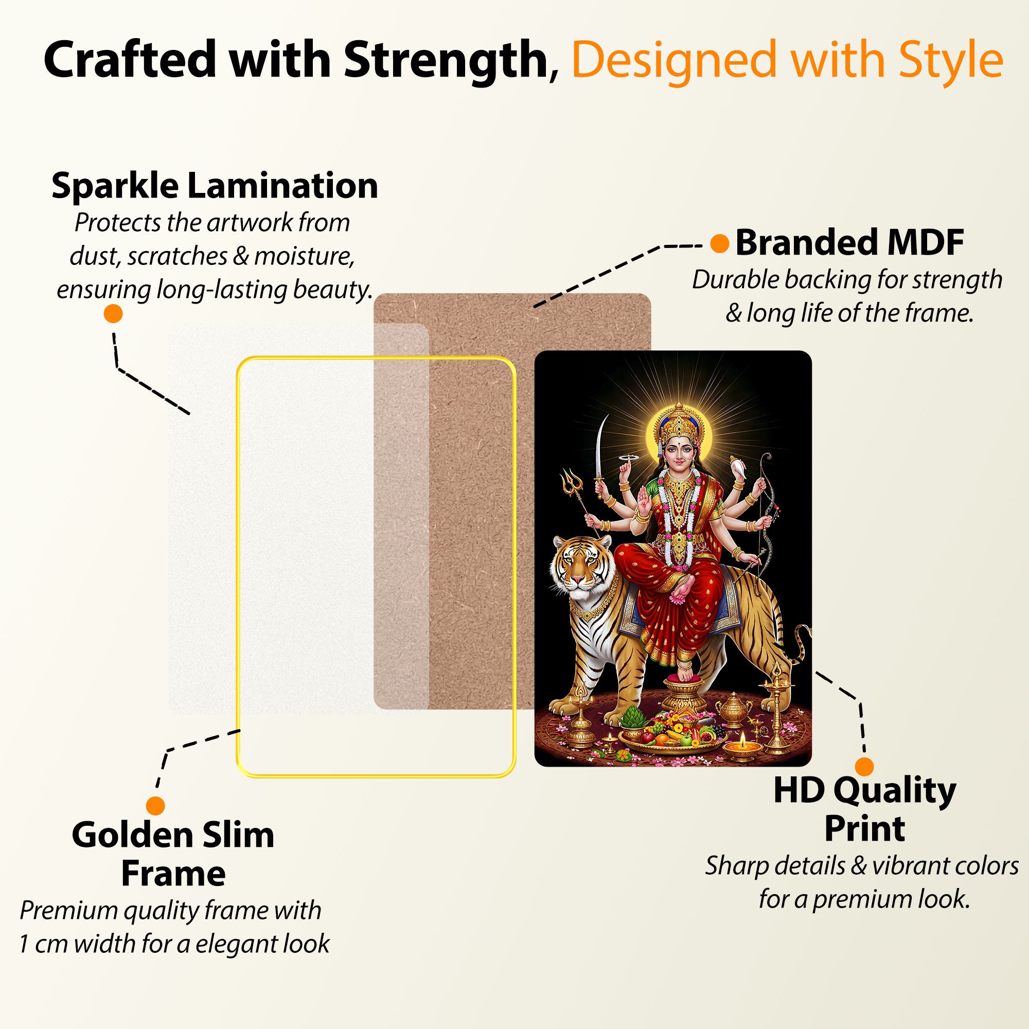 The Castle Decor Maa Durga Sparkle Laminated Digital Print | Golden Slim Frame Wall Hanging | Perfect for Pooja Room, Home Temple & Gift Purpose 20X30 Inches